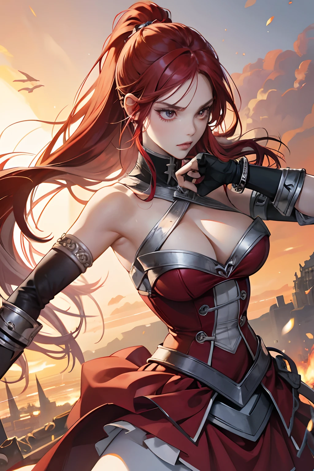 erza scarlet, half silver color steel breast plate with a cross pattern, bright red pupil, super mini battle skirt, holding giant silver boardsword, high pony tail, perfect body shape, 16k, sharp angel aura, steel hand glove, holy tattoo, long silk leggings, scarlet red color hair，silver color stylish pauldrons, 4k wallpaper quality, silver color bracelet, armlet