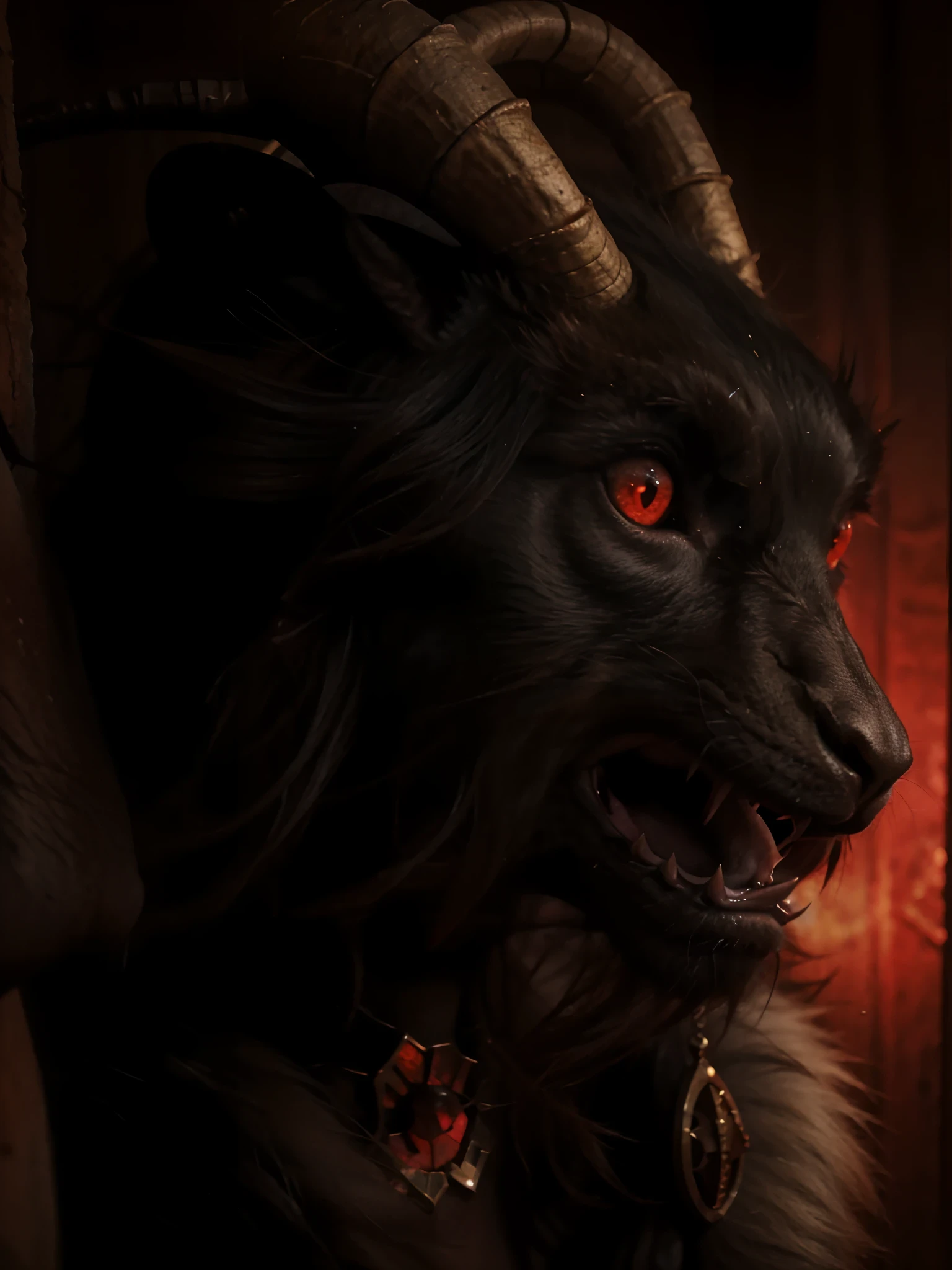 a close up of a  a demonic looking animal, demon, demon with horns, satan, demon-fang, beast, krampus, red eyes, fur, furry face, furry body, muscular, beast like demon, goat face, hell goat, goat like demon, portrait of a satan, behemoth, potrait, demon, narasimha, profile, full profile, avatar image, gnoll