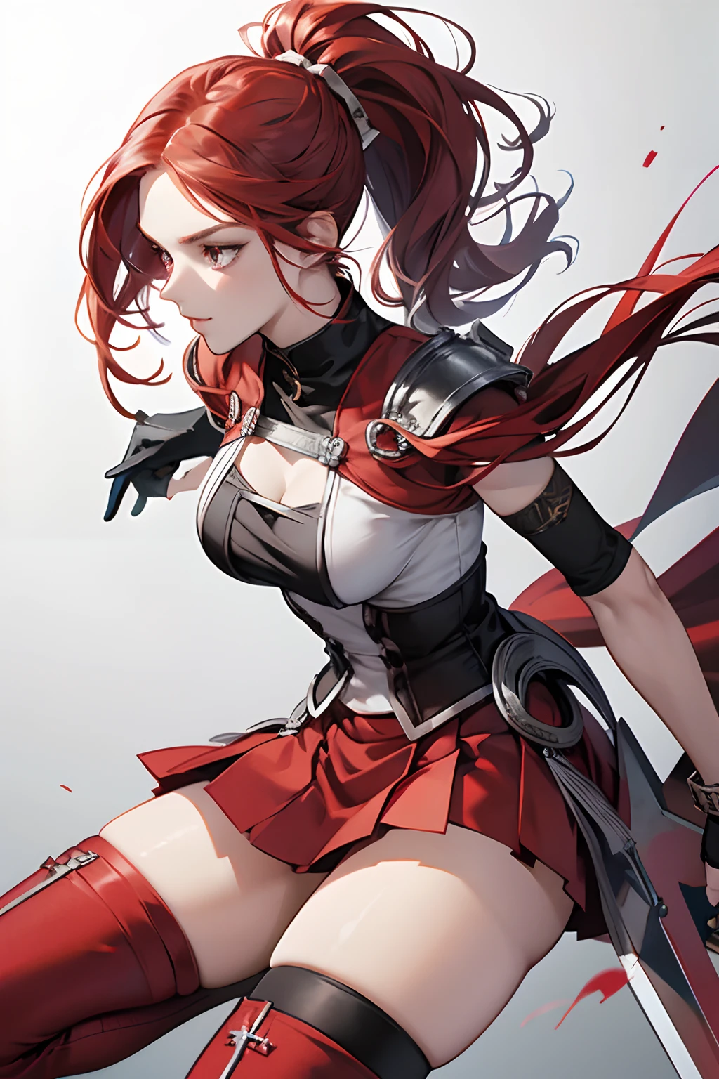 erza scarlet, half silver color steel breast plate with a cross pattern, bright red pupil, super mini battle skirt, holding giant silver boardsword, high pony tail, perfect body shape, 16k, sharp angel aura, steel hand glove, holy tattoo, long silk leggings, scarlet red color hair，silver color stylish pauldrons, 4k wallpaper quality, silver color bracelet, armlet