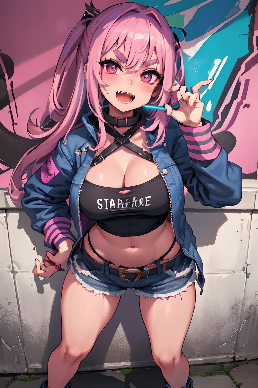 Original Character, Volumetric Lighting, Best Shadows, Shallow Depth of Field, Portrait Of Stunningly Beautiful Girl, Petite, Delicate Beautiful Attractive Face With Alluring Pink Eyes, Messy Painted Face, Sharp Eyebrows, Broadly Smiling, Open Mouth, Fangs Out, Lovely Large Breasts, Layered Long Purple Hair, Blush Eyeshadow, Thick Eyelashes, Oversized Pop Jacket, Mini Underboob Tee, Open Navel, Slim Waist, Denim Jeans Pants, With Buckle Belt, In The Graffiti Alley, Waste Container, Outside Stairs, Outdoor Unit, Holding Spray Paint Can, Standing, (Highest Quality, Amazing Details:1.25), (Solo:1.3), Brilliant Colorful Paintings