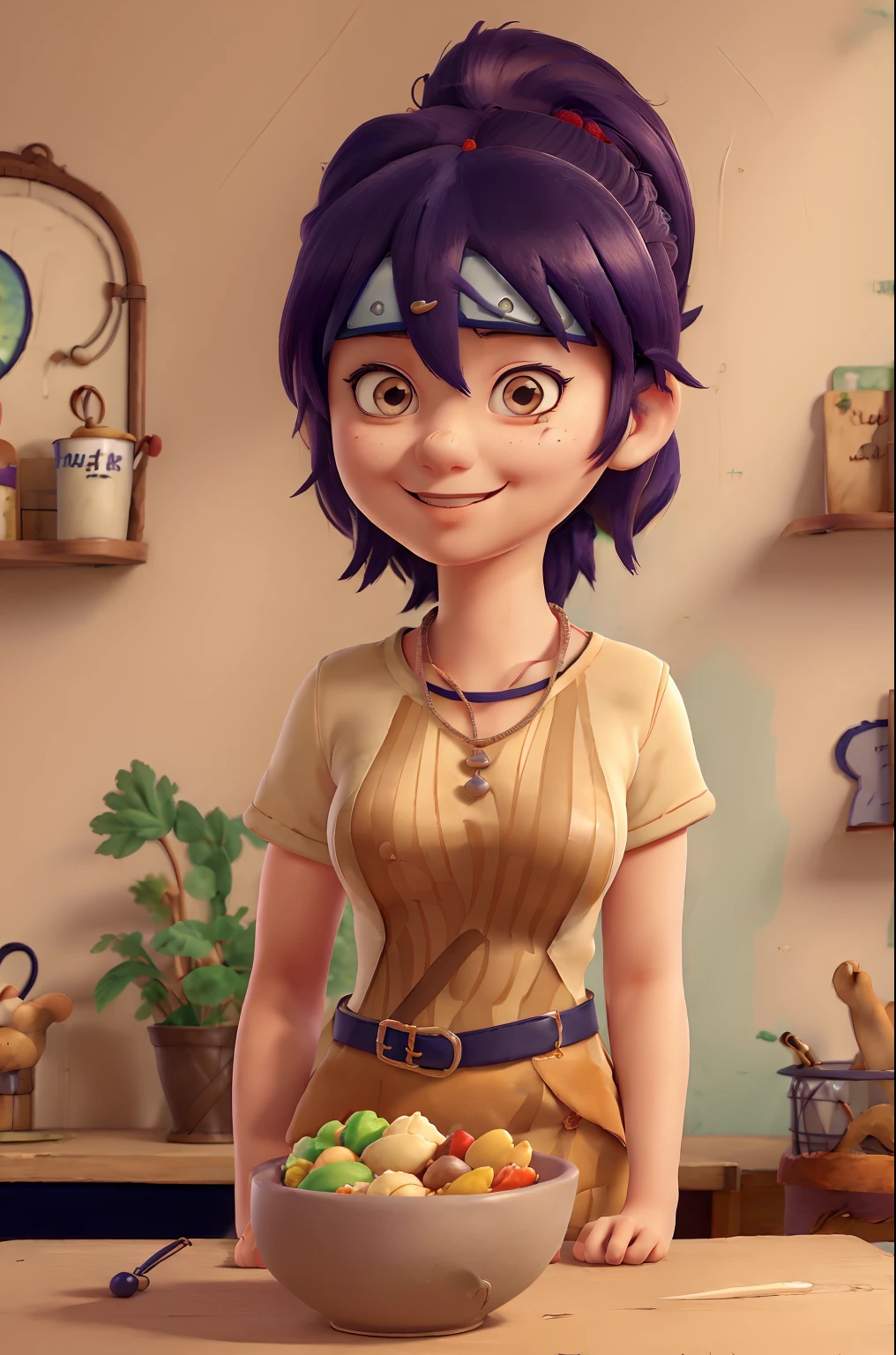 (masterpiece, best quality:1.2), upper body, solo, 1girl, mitarashi anko, smile, looking at viewer, hands on table, ponytail, headband, forehead protector, fishnets, jewelry, necklace, indoors, food, bowl of food