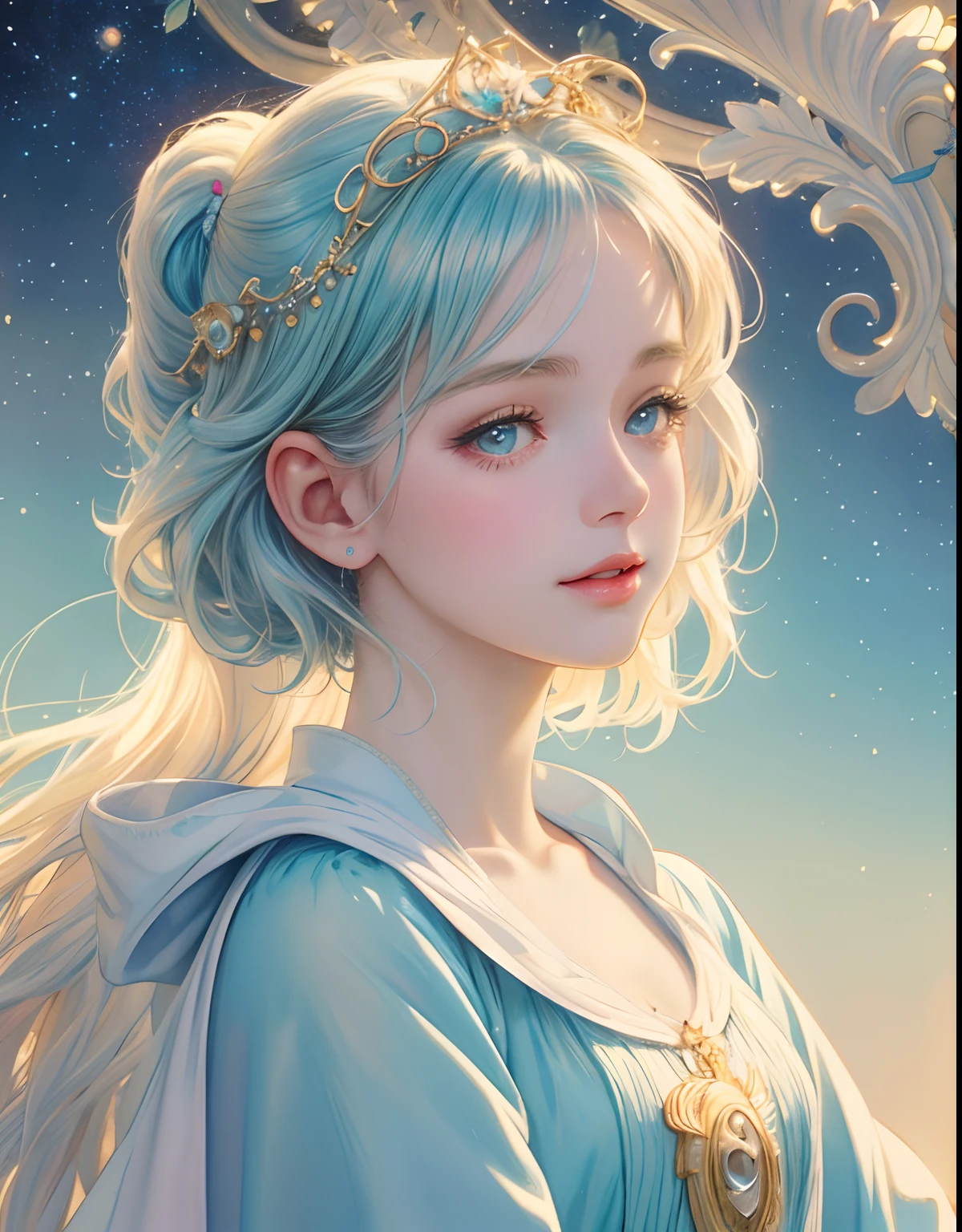 Princess girl with wing, Blue, Pastel, glitter, dramatic, dreamy, pastel, Watercolor, Whimsical, Delicate, seashell crown, Trending on Artstation, Highly detailed, Intricate, Portrait, digital painting, Fantasy theme, Fantasy robes, Fantasy concept art, Fantasy character art, Smug, Teenage girl, perfect body, full body, dreamy, pastel, Watercolor, Whimsical, Delicate, seashell crown, art by loish and lois van baarle, Trending on Artstation, Highly detailed, Intricate, Portrait, digital painting, (Cinematic Photo:1.3) of (Realistic:1.3),(Amusing:1.3) chibi, constellation, (1girl, solo:1.2), (chibi:1.3), eyeliner, eyelashes, looking at viewer, (shiny skin:0.16), (pale skin:0.33), (body blush:0.38), eyes beautiful, anime, realistic, masterpiece, best quality, movie still, cloud girl, floating in the sky, (close-up:1.1), bright, happy, fun, soft lighting,Highly Detailed,(Art Nouveau:1.3),(Baroque Art:1.3),(80s Art:1.3),naturalism,land Art,regionalism,shutterstock contest winner,trending on unsplash,featured on Flickr