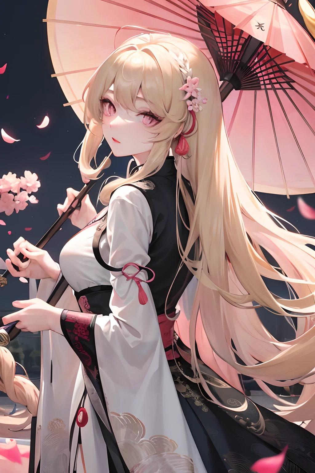 8K masterpiece best night full moon 1 female Chinese style Chinese architecture mature female elder sister blonde long hair woman long hair pink eyes pale pink lips calm and rational bangs gray pupil assassin umbrella, umbrella, turn around, turn around, turn around, petals flying, delicate face,