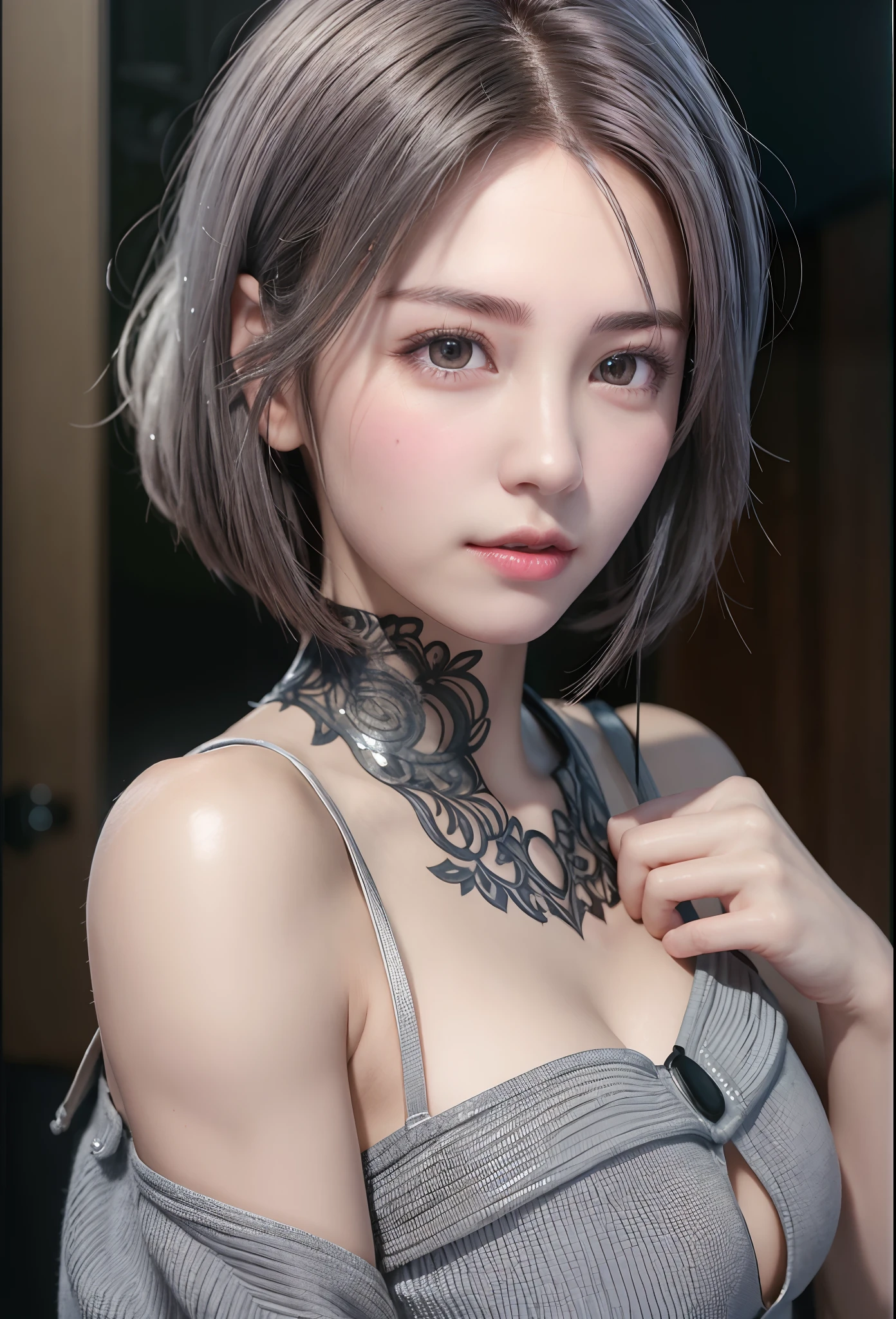 ((wallpaper 8k)), ((surreal)), ((Quality with attention to detail:1.2)), 1 girl, １４talent、kind eyes、plump lips、Ash gray hair、An ennui look、(((small breasts、small breasts、areola:1.1、nipple)))、black classy dress,Black capelet, look up, Widespread poverty, short cut hair、short hair twintails、Ash gray hair:1.5、white skin、