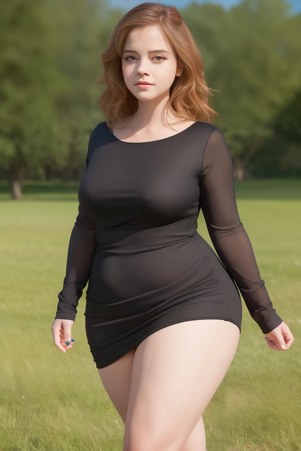 masterpiece, (photorealistic), (8k wallpaper) , (best quality), perfect quality, solo, (detailed eyes:0.9), Ermione, small smile, sexy, very beautiful face, very curvy, full figure, cute face, a bit chubby, plump, fat rolls, belly rolls, soft, black dress, see-through dress, view from side, muffin top, navel, tight dress, love handles, thunder thighs