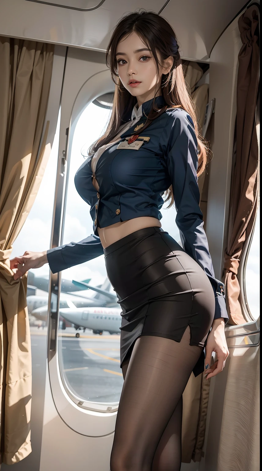 （From the outside） ， many color，Best quality at best，8K，real photograph，Delicate skin details，tmasterpiece，photograph of-realistic，Complicated details，RAW photogr,In the plane，ssmile，florals，stewardess，sockes,Extra-long hair，cropped shoulders，delicated face，Hainan Airlines，Flight attendant professional attire，Manteau，a skirt，decorations，Perfect Finger，Dissection is correct，(Huge room，0.8)，big cuvy hips，shiny skins，Shooting from front