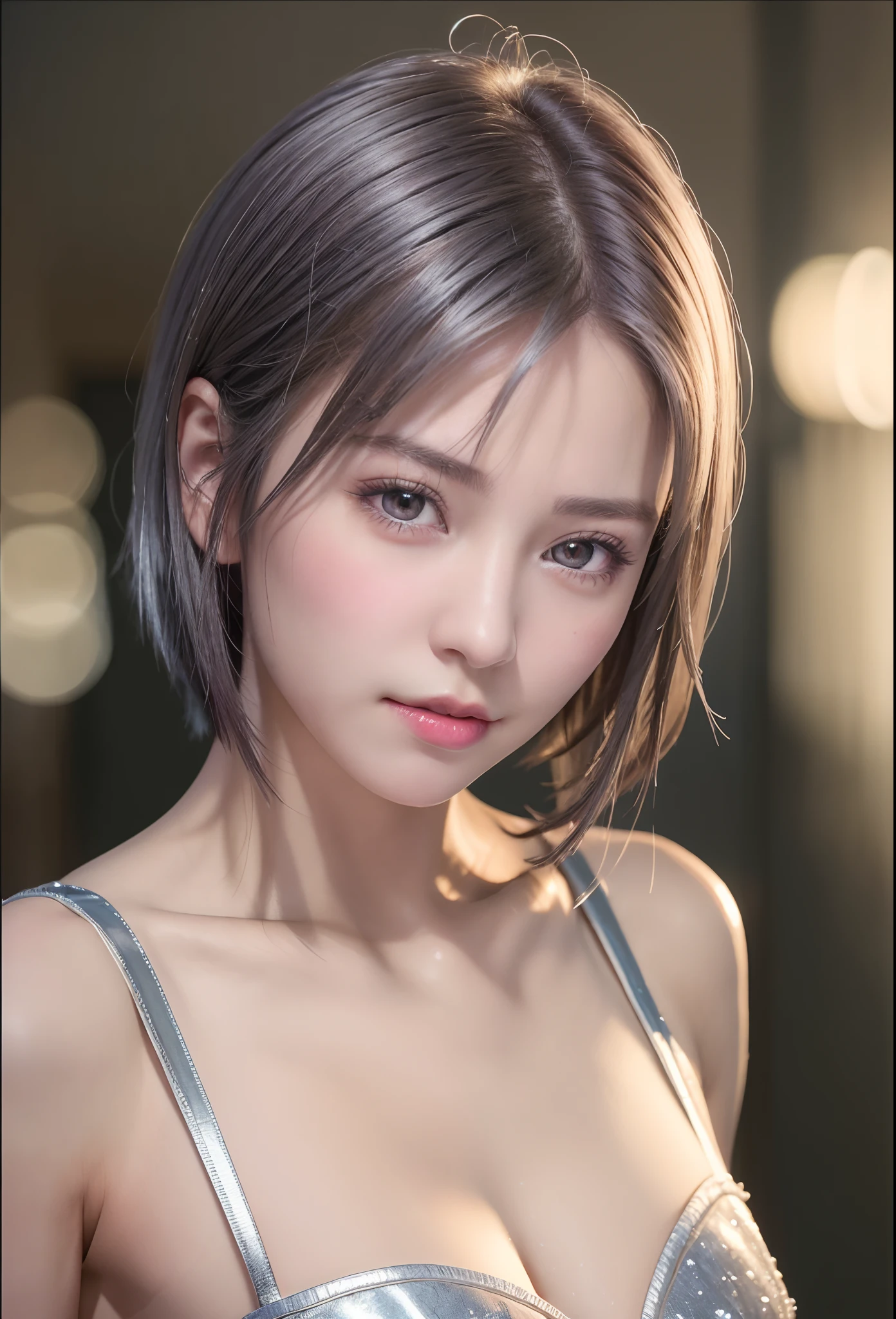 (8K, Photorealistic, Raw photo, of the highest quality: 1.3), (1girl in), Super beautiful, (Realistic face), (boyish, Silver Color Berry Shorthair), Beautiful , Glare that captivates the viewer, Beautiful expression, Beautiful breasts, (Realistic skin), Beautiful...