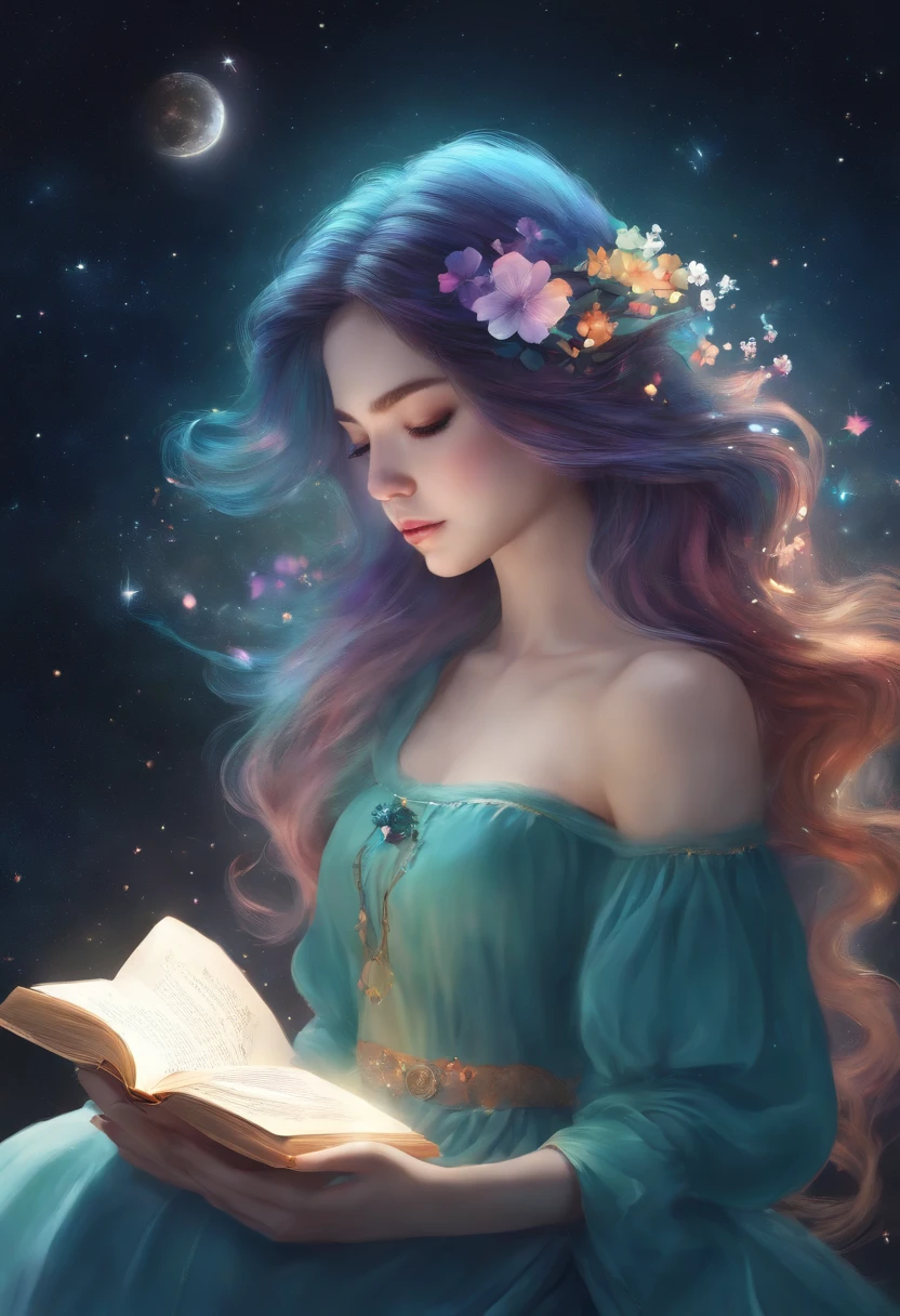 (Best quality, Masterpiece), 1girll, Reading a book, Particle, Wind, flower, Upper body, Simple background, view the viewer, rainbow colour hair, Teal flowing skirt, cosmic, Starcloud, milky ways