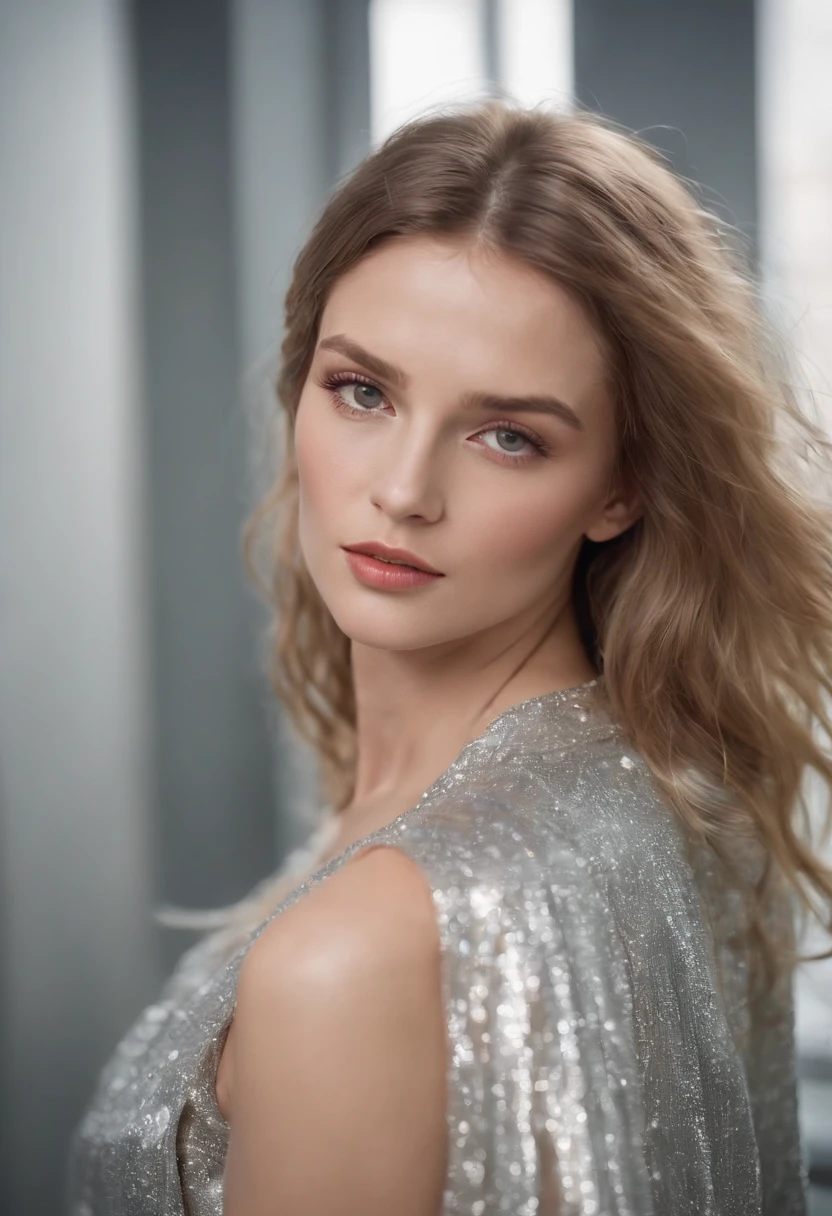 Paris collection fashion portrait shoot of a Russian model in a studio , 30 years old , wearing clothes shaped like lush grasses , vivid color schemes, ultra realistic, hyper detailed, silver-core