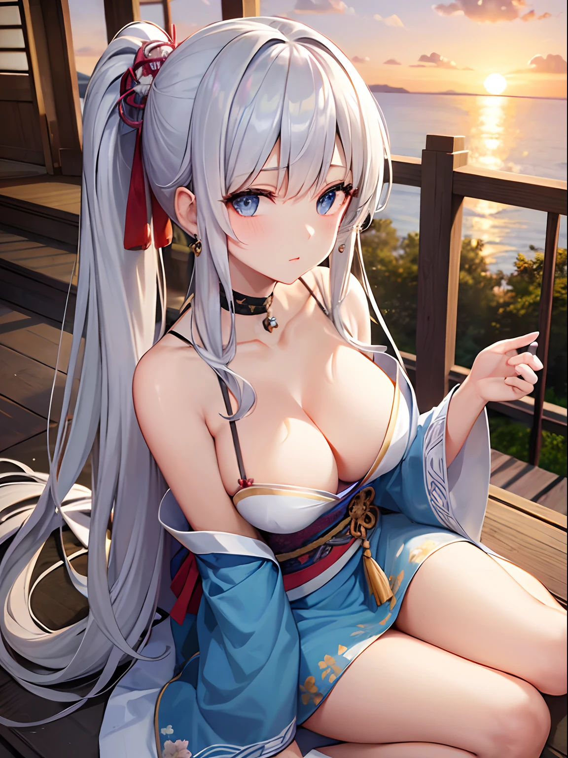 High quality, beautiful, mature, beautiful silver hair, ponytail, long hair, bangs, Russian style beauty, beautiful legs, taut beautiful breasts, taut beautiful buttocks, beautiful ass, light blue eyes, Japanese school girl, female character sitting on wooden stairs next to lake 1 girl, breasts, cleavage, solo, Japanese clothes, choker, earrings, jewelry, long hair, kimono, light blue kimono, bangs, collarbone, floral pattern, sunset