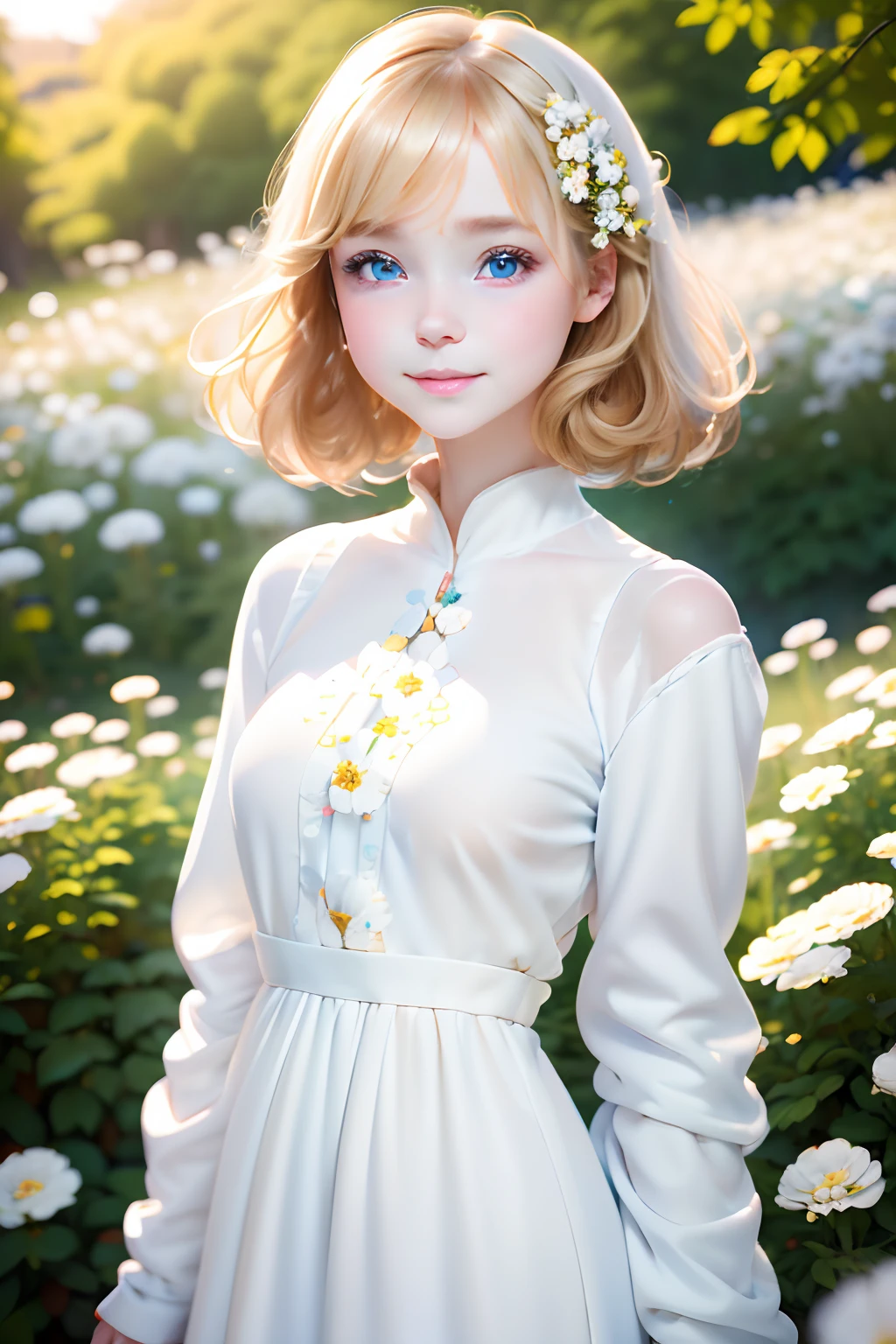 Highest Quality, pale skin, (Face and eye details: 1.2), 1 girl, Very delicate and beautiful girl, light blond, Wavy short hair, Blue eyes, snub nose, (somewhat childish appearance), ((Very beautiful)), (hitornfreckles: 0.4), curls, Whole body, Smile, Happy, With white flowers, coat, White background, a white world, she is standing on, the background is white, portrait of cute anime girlbabes, Anime visuals of cute girls, Anime girl in white dress with flowers in her hair, crisp clear rpg portrait, watercolor paiting,