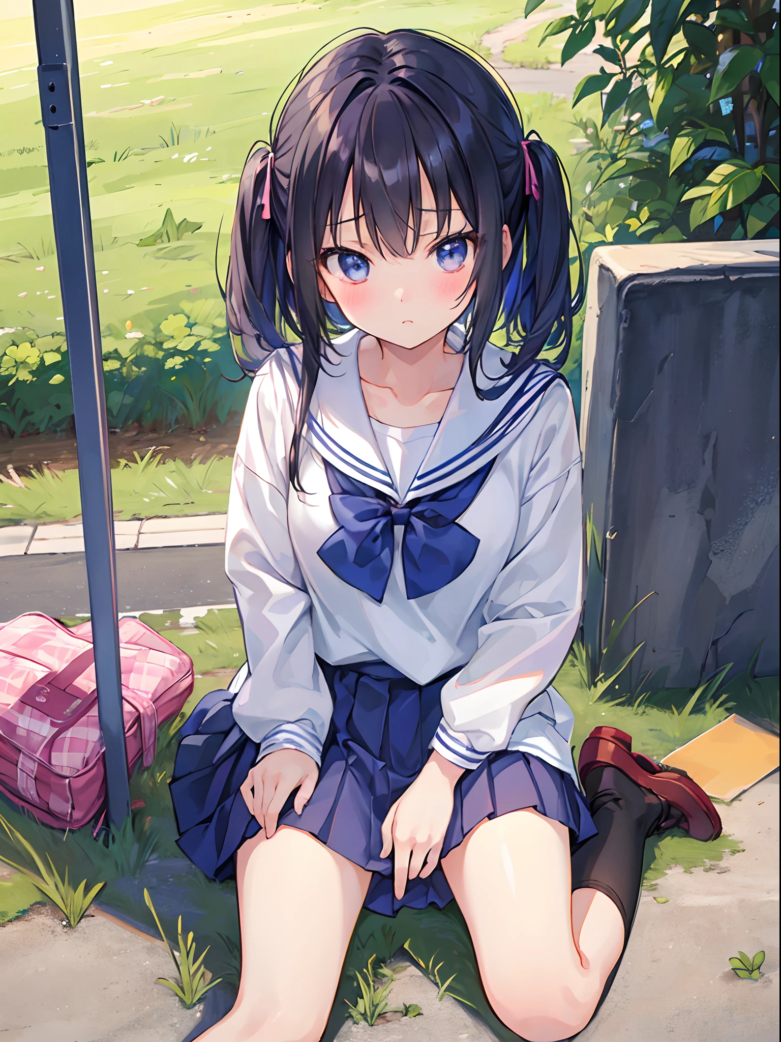 top-quality、masterpiece、1girl in、kawaii、hi-school girl、a miniskirt、Stumble、Sit on the ground with your knees upright、Kamimei、Staring at me、A look of embarrassment、Open both legs、Panties with a variety of patterns