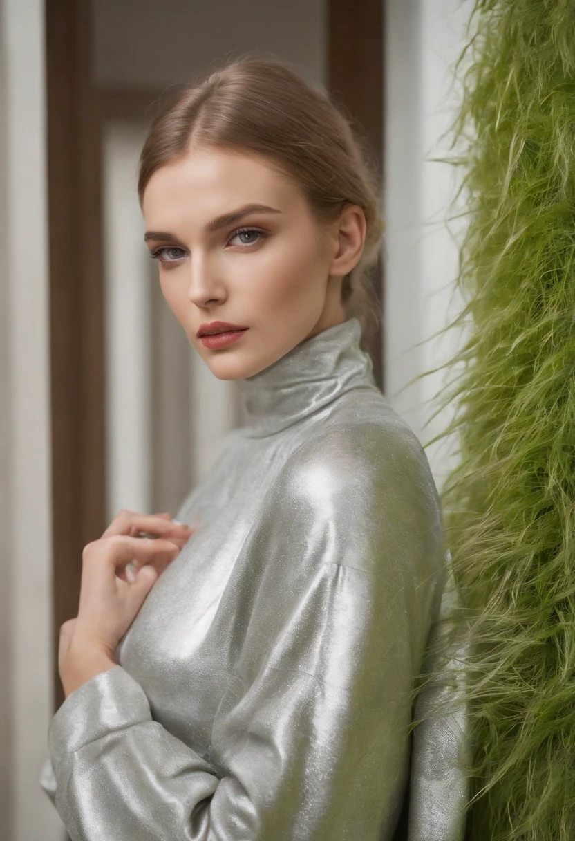 Paris collection fashion portrait shoot of a Russian model in a modern house , 30 years old , wearing clothes shaped like lush grasses , vivid color schemes, ultra realistic, hyper detailed, silver-core