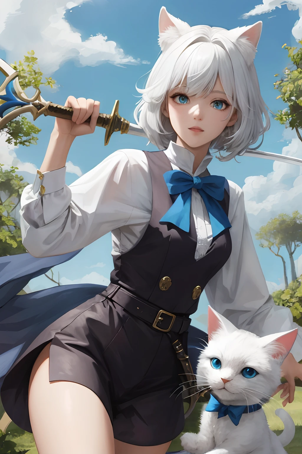 Have an adventure　adventurer　cute little　Fantasia　holding swords　Cat-eared girl　White hair　walk