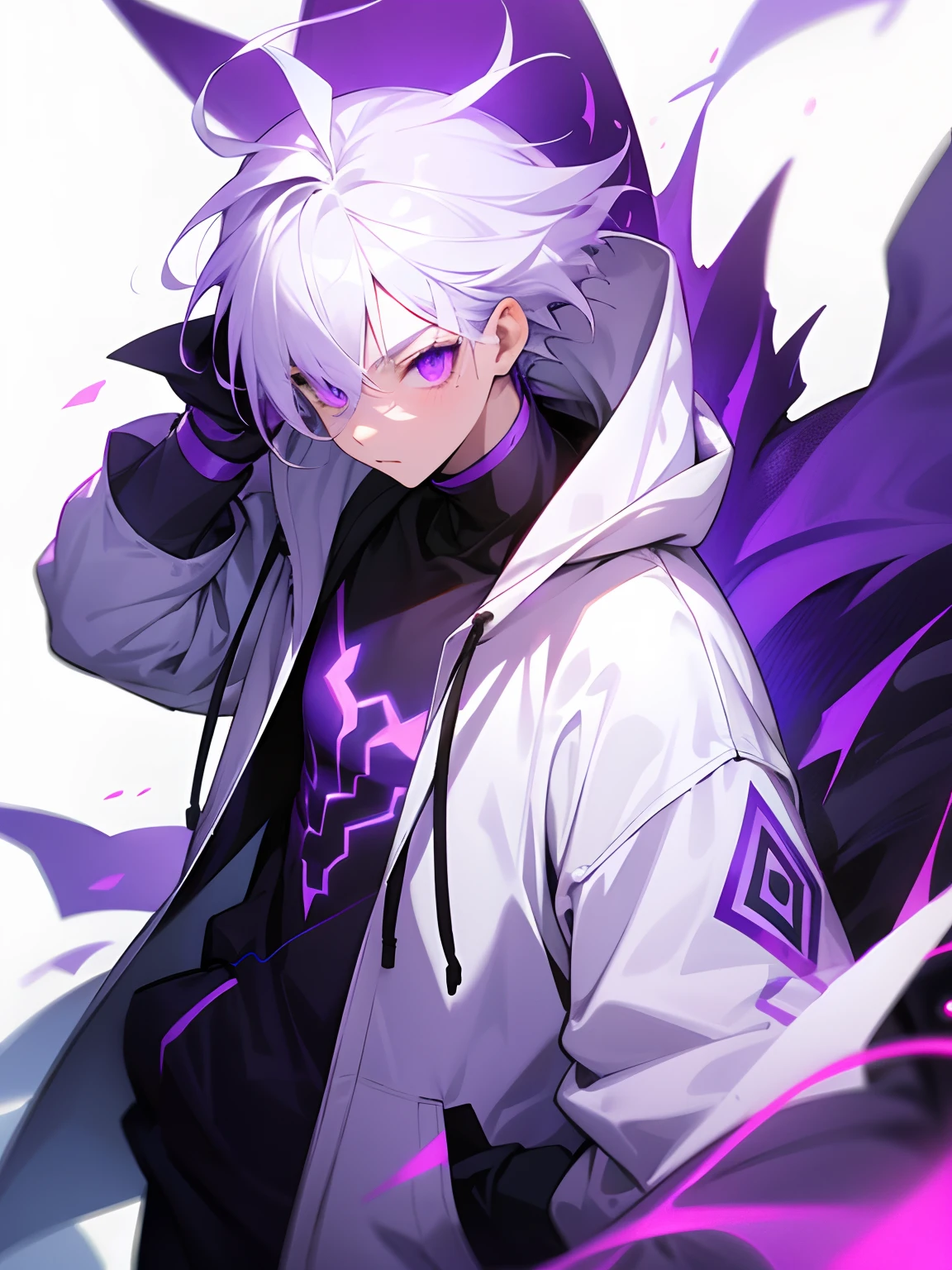Boy with white hair glowing purple radiant eyes wearing a stylish fashion hoodie