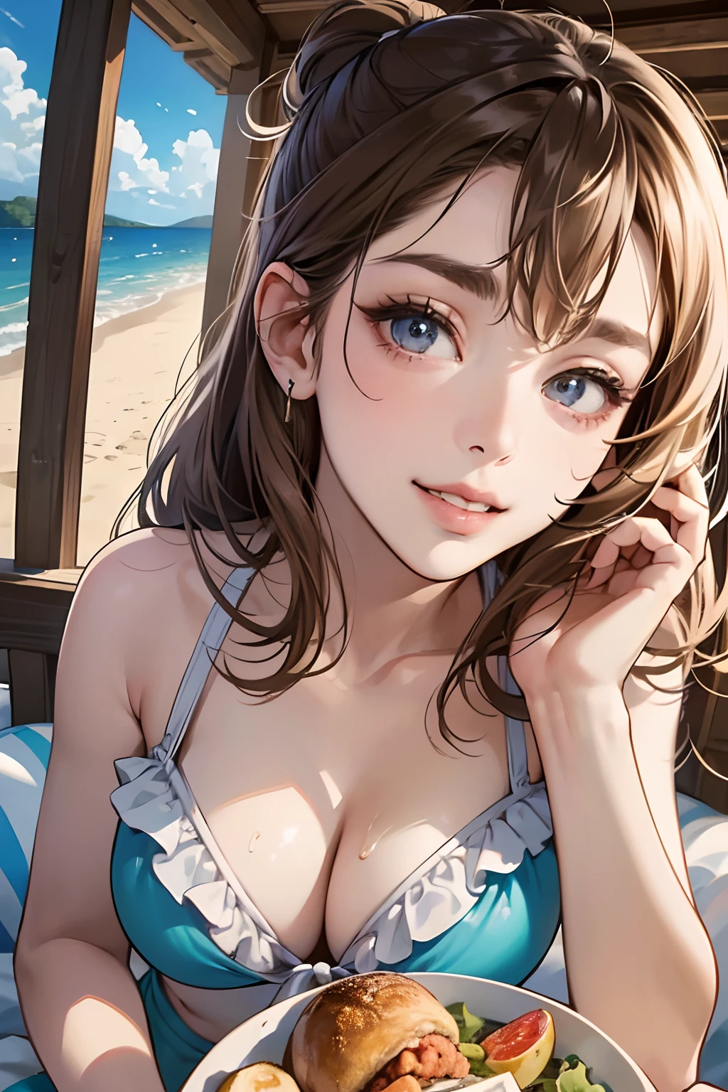 (masutepiece, Digital Art, Digital Illustration, 4K, 8K, Ultra-detailed, beautiful image, Sharp Image, Photorealistic, Raw photo, Perfect face, Perfect lines, Perfect eyes, Soft lighting) 1 woman, (lightbrown hair,Chignon hair in a high position,Innocent look,drooping eyebrows,drooing eyes,with round face,Innocence,cute little,big eye,natural make up,kindly smile,Colossal tits,23 y-o woman:1.3),Two handsome men in suits, (ember,Men in suits,well-muscled,Firm shoulder width,Adult male,Boyish hairstyle,Man in his 30s with a cool expression,28-year-old man with bright smile:1.2),Enoshima Coast,mare,Beach,blue open sky,clouds,sand beach,Cute swimsuit,The bikini,(Nervous,be shy,sleepy,embarrassed from:1.1),Open your thin mouth,Standing picture,floral arrangements,innocent smiles,Looking at the camera,Dating,(compact,Bolides,Light blue lapin),picnic,Basket of wicker full of sandwiches,sea bathing,Show your teeth and smile