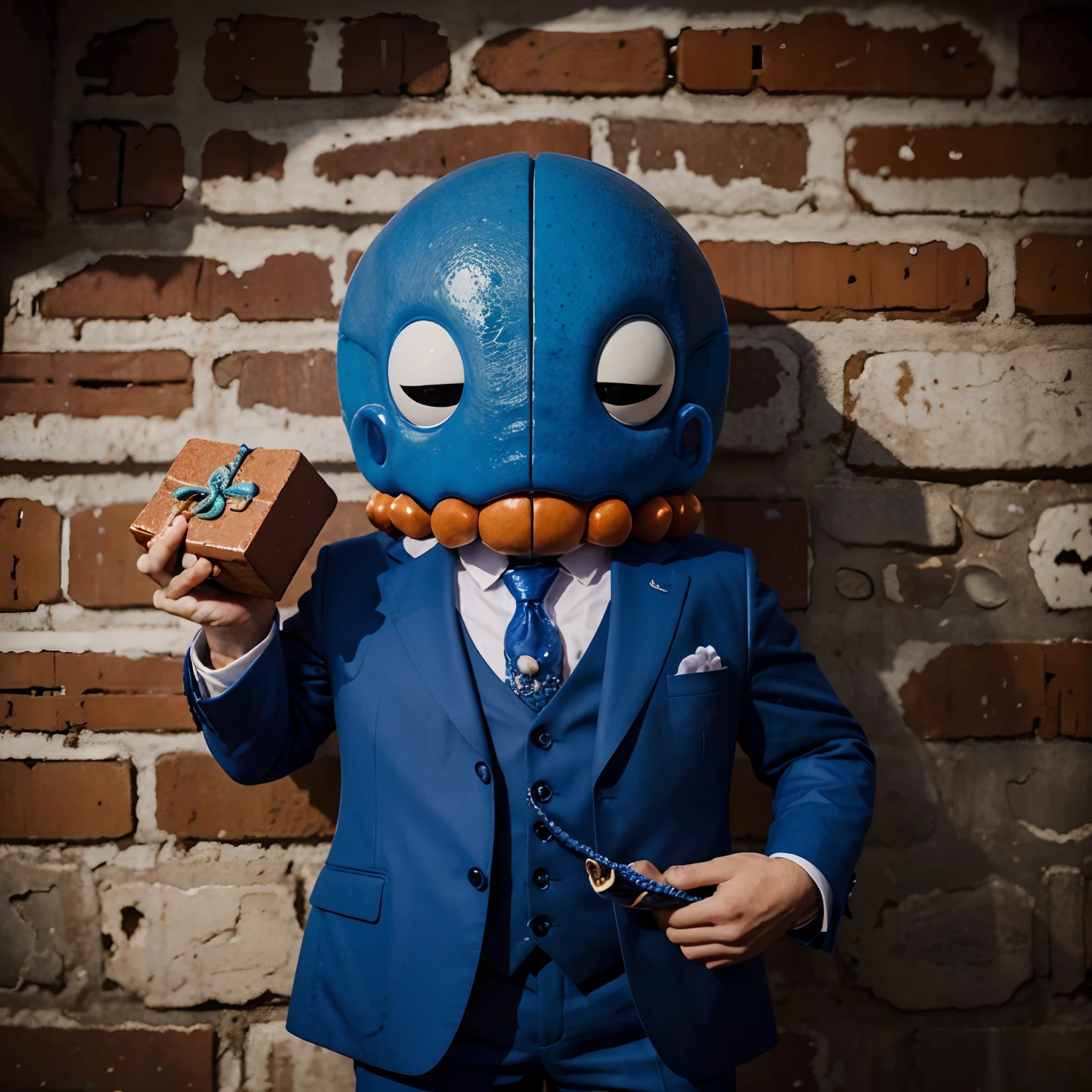A blue octopus, wearing a suit, holding a brick which each of his tentacles, holding multiple big bricks, looks insane , high quality, high detail, 8k
