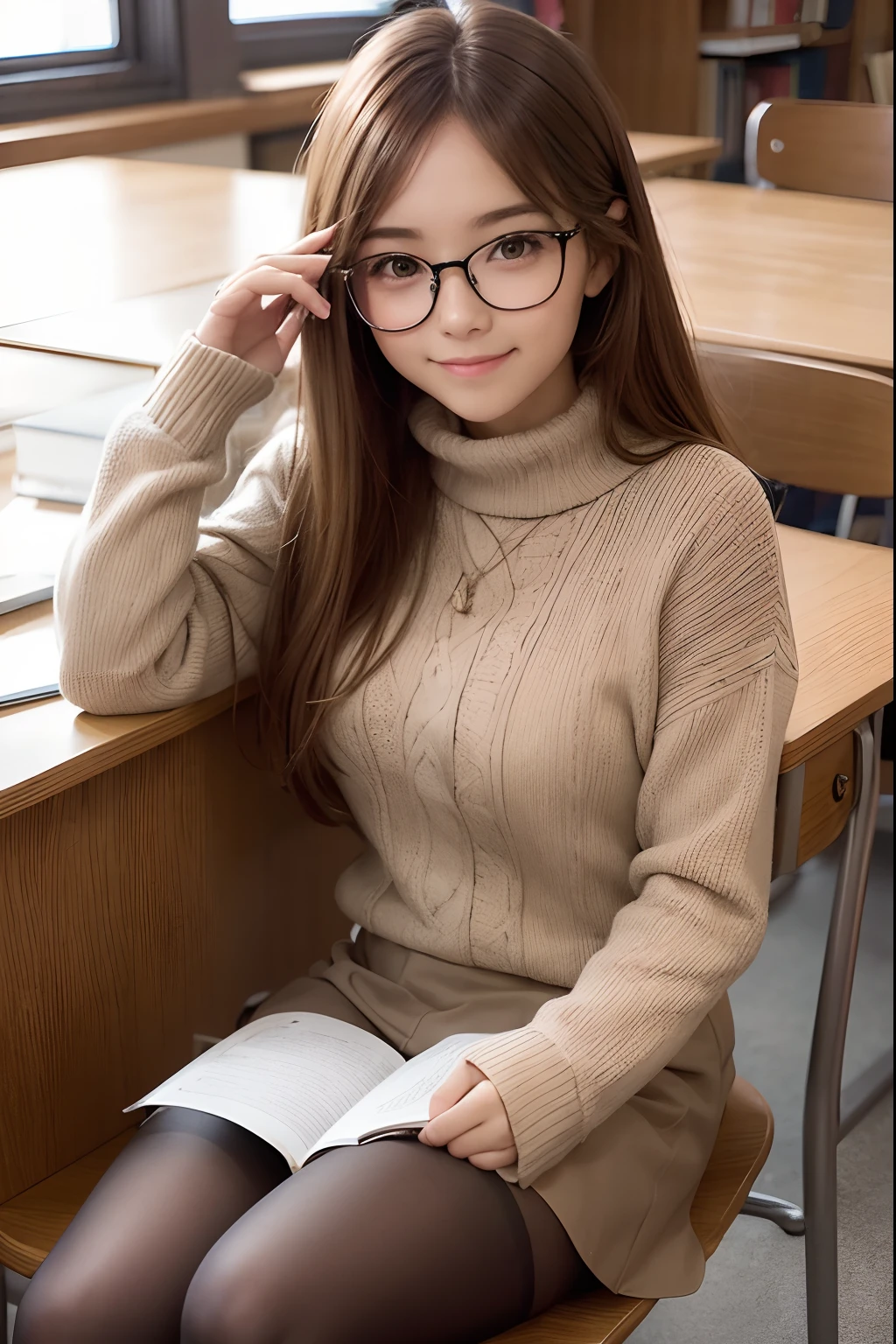Winter clothes, a miniskirt, tights, light brown hair, semi long hair, Fashionable glasses, hi-school girl, Sitting at a desk in the library, Studying, Facing this way, A slight smil