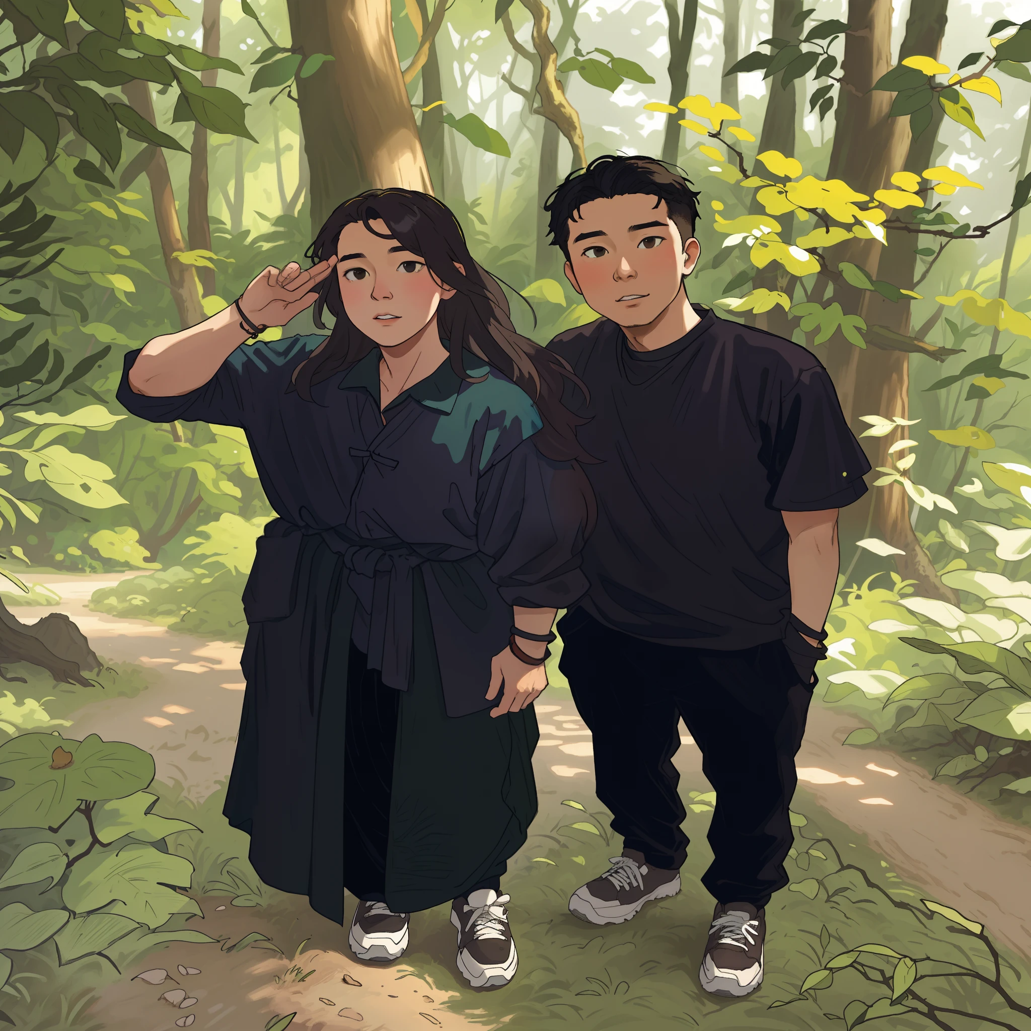 There are two people standing in the woods posing for a photo, in front of a forest background, ruan jia and brom, Ruan Jia and Fenghua Zhong, james jean and fenghua zhong, in a tropical forest, in forest jungle, in jungle forest, in deep forest, standing in the forrest