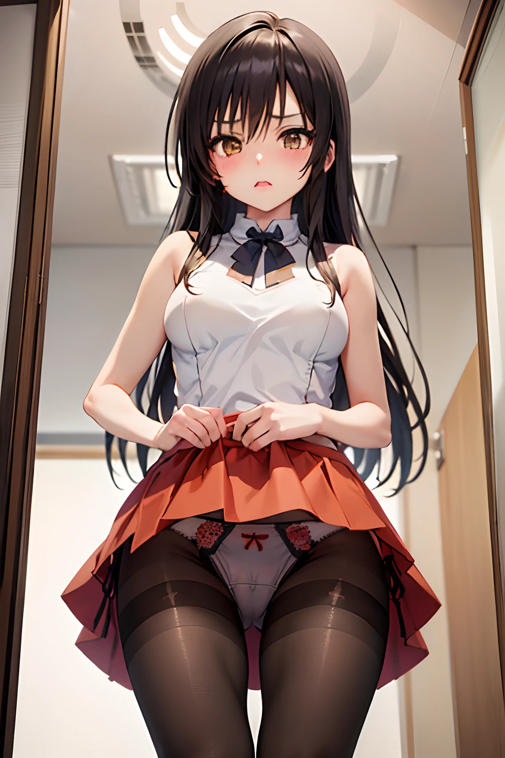 Best Quality, masutepiece, Portrait, , 1girl in, Kotegawa Yui, Black hair, Long hair, Long bangs, Brown eyes, medium udder, ((chies)), Looking at Viewer, embarassed expression,Photo from below、((Miko maiden costumes))、((pantyhose))、((Show panties))、((a miniskirt))