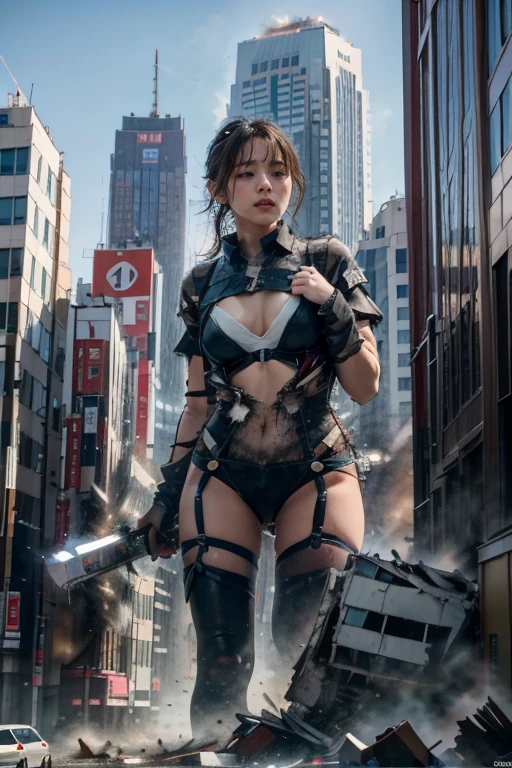 ((top-quality、in 8K、​masterpiece:1.3、Raw photo))、Super high quality photos, Japan Top Idol Women With Perfect Beauty, Perfect beauty, ((der riese))、((Wear a see-through shirt)), ((not wearing bra)), (( are protruding)), Demolish a building、 ((Destroy the city)), (Photorealistic: 1.4), (Ultra-high detail), (hyper realisitic: 1.4), (Realistic: 1.3), (Smooth lighting: 1.05), 1girl in, Solo, (Japanese actressl),　 20yr old, Full body, ((der riese)), (nffsw), Size difference, ((Destroy the city)), (rampage:1.4), Demolish a building, cinematlic lighting, Ginza Chuo-ku, Tokyo, ((slim thigh)), ((Perfect beauty)), ((The most beautiful face)), ((Transcendent beauty)),