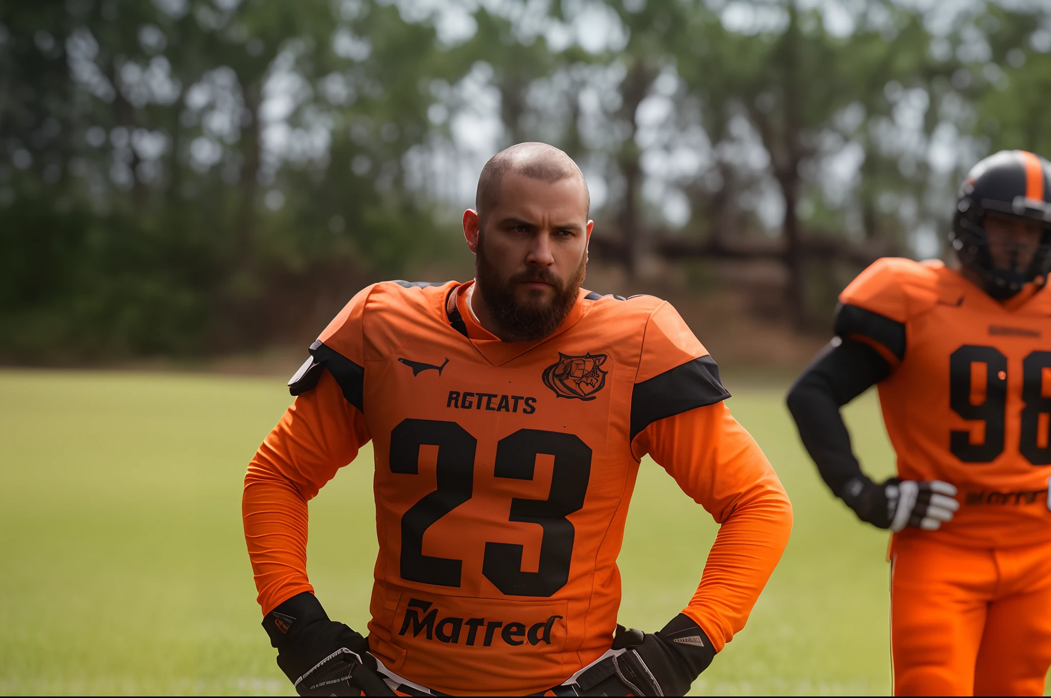 Ator vestido igual viking sem capacete, usando machado e escudo, ao fundo campo de futebol americano em chamas, Perfect face proportions, retrato, tons de neon rosa no fundo preto, cores iridescentes, UHD, detalhes, detalhes insanos, hiper detalhados, micro detalhes, fotorrealista, realista, hiper realista, golden ratio, ornamentado, texturizado, luz, luz natural, natural lightting, volumeric lighting, detalhe duro, reflections traced by rays, ultra realista, maximalismo, octane rendering, 3d, volumeric lighting, cinematic lighthing, fotorrealismo, alto contraste, Uplighting, extremamente detalhado, epic scene, cinematografia, hiperdetalhado, elegante, mythic, ethereal, intrincado, elaborado, hiper-realismo, 200mm, UHD, 32k, 16k, 8k, sombreamento 3D, mapeamento de tom, Ray Tracing Global Illumination, Diffraction Grid, cristalino, lumen reflexes, Super Resolution, gigapixel, color grading, retoque, aprimorado, art-station, weta digital, arte digital PBR, liquidificador, V-ray, Procreate, z Brush, Unreal Engine 5, Cinema 4D, ROMM RGB, Adobe After Effects, 3DCG, VFX, SFX, FXAA, SSAO, 8k