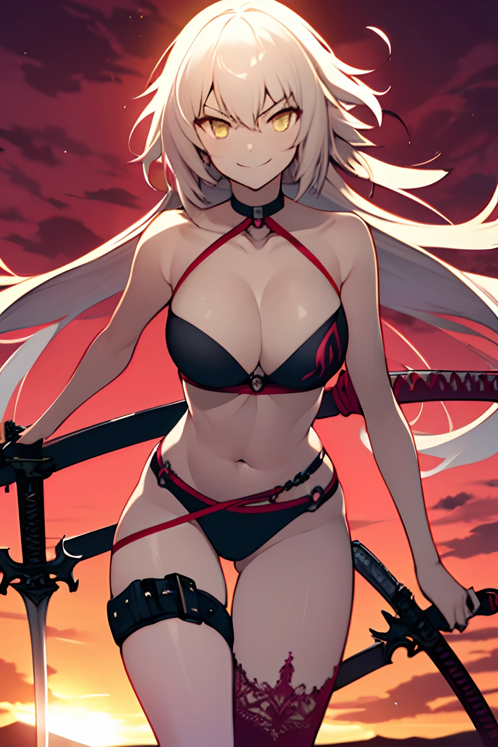 Masterpiece, best quality, detailed background, summer_jalter, yellow_eyes, long hair, mature, single thighhigh, white hair, thigh strap, bikini, 1girl, solo, sunglasses, holding weapon, holding sword, sword, serious, smile, action stance, action pose, sunset, closeup