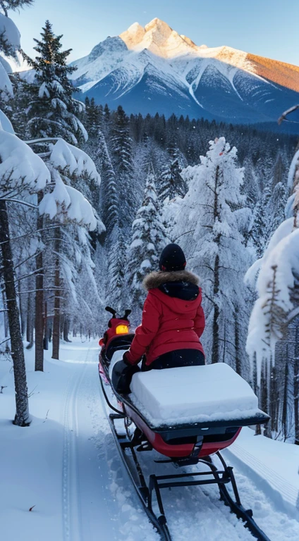 A girl glides on a sleigh, In the background is a pine forest and a snow-capped landscape, and branches covered with ice flowers.