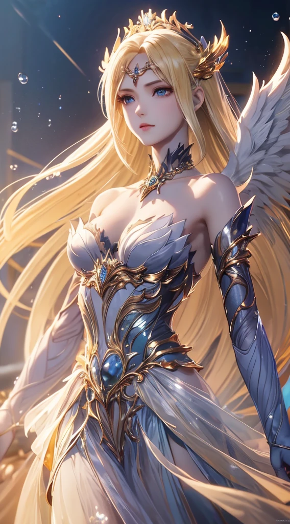 meticuloso、Wonderful、Perfect CG unity 8k wallpaper,High-quality depiction、The colors are pure and elegant,delicated、Dynamic Angle,moisty、Water droplets, Water mist、rays of moonlight、Colorful light,Highlight yellow hair、Fair-skinned angel goddess Senyuki。Angel wings,