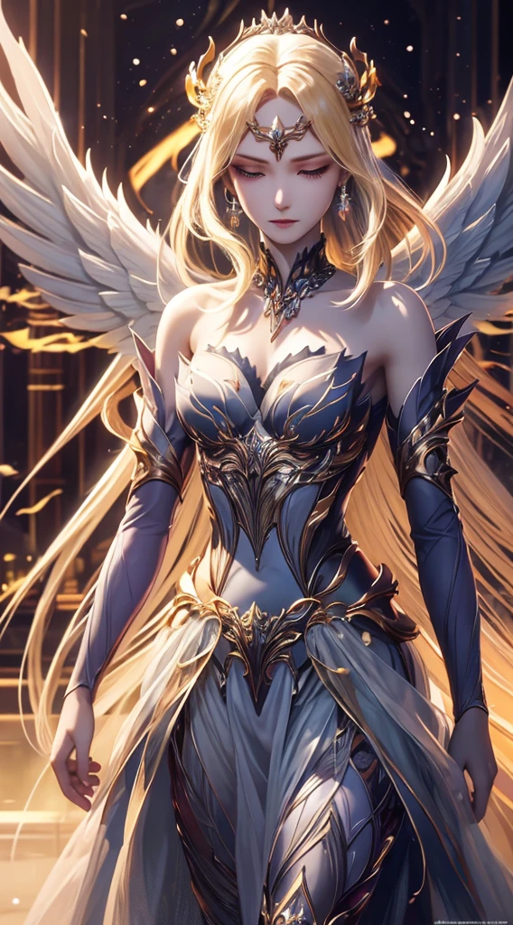 meticuloso、Wonderful、Perfect CG unity 8k wallpaper，High-quality depiction、The colors are pure and elegant，delicated、Dynamic Angle，moisty、Water droplets, Water mist、rays of moonlight、Colorful light，Highlight yellow hair、Fair-skinned angel goddess Senyuki。Angel wings，