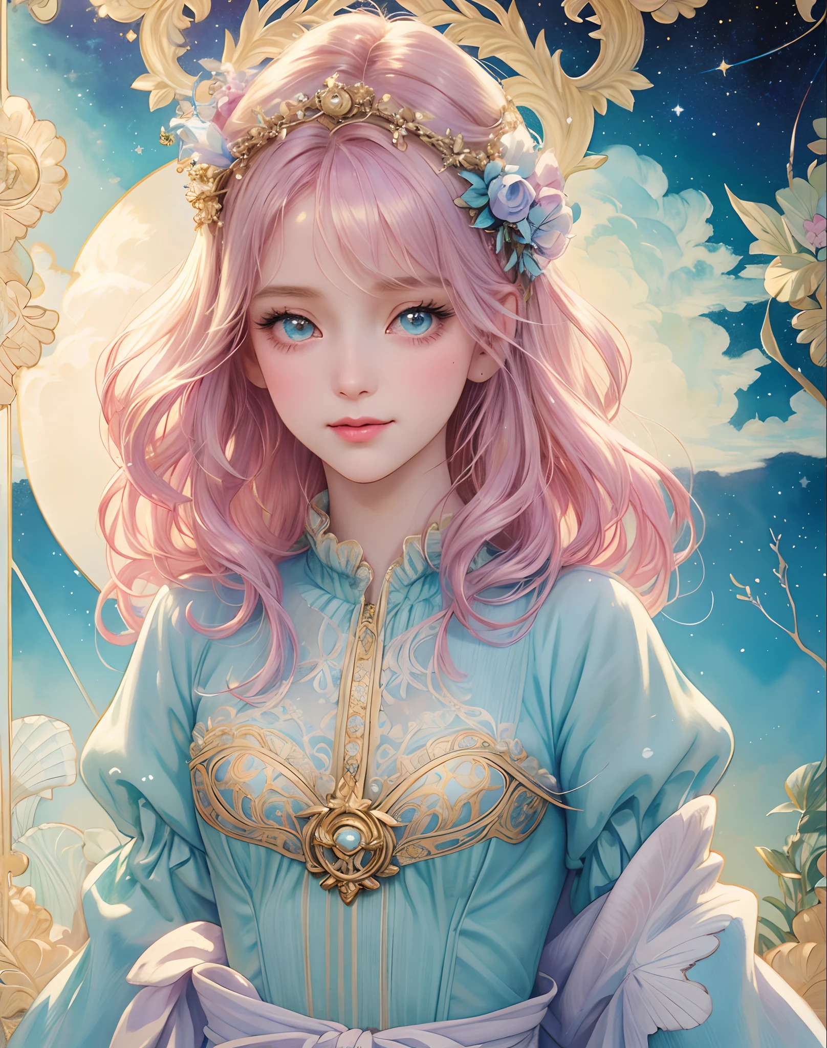 Princess girl with wing, Blue, Pastel, glitter, dramatic, dreamy, pastel, Watercolor, Whimsical, Delicate, seashell crown, Trending on Artstation, Highly detailed, Intricate, Portrait, digital painting, Fantasy theme, Fantasy robes, Fantasy concept art, Fantasy character art, Smug, Teenage girl, perfect body, full body, dreamy, pastel, Watercolor, Whimsical, Delicate, seashell crown, art by loish and lois van baarle, Trending on Artstation, Highly detailed, Intricate, Portrait, digital painting, (Cinematic Photo:1.3) of (Realistic:1.3),(Amusing:1.3) chibi, constellation, (1girl, solo:1.2), (chibi:1.3), eyeliner, eyelashes, looking at viewer, (shiny skin:0.16), (pale skin:0.33), (body blush:0.38), eyes beautiful, anime, realistic, masterpiece, best quality, movie still, cloud girl, floating in the sky, (close-up:1.1), bright, happy, fun, soft lighting,Highly Detailed,(Art Nouveau:1.3),(Baroque Art:1.3),(80s Art:1.3),naturalism,land Art,regionalism,shutterstock contest winner,trending on unsplash,featured on Flickr