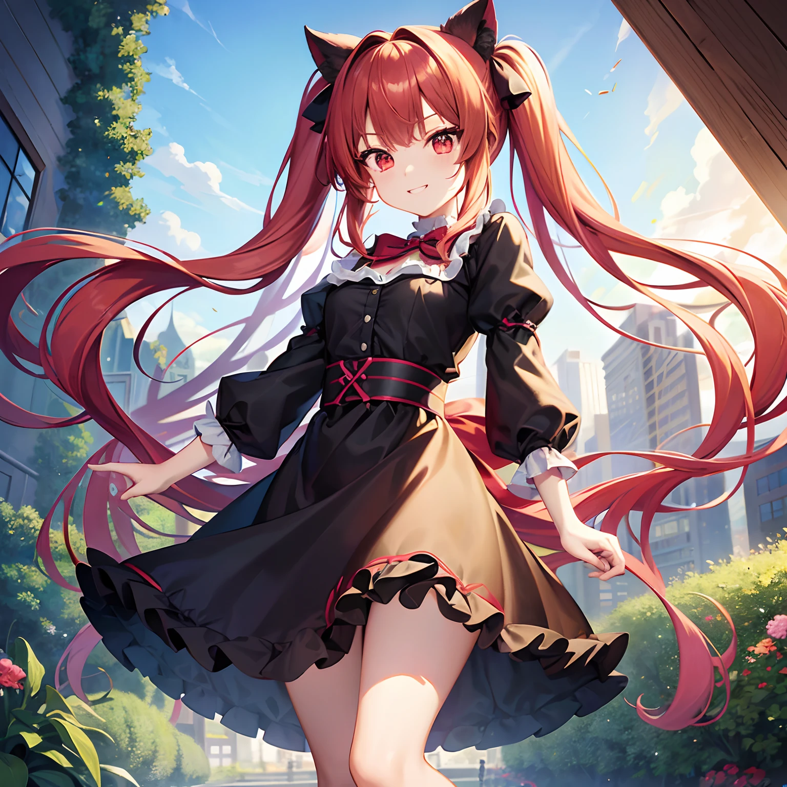 Anime filling,Two-dimensional illustration,Red hair,Half Twin Tail,shorth hair,Big eyes,A smile,a beauty girl,cute little,Super Cute,Black cat ears,Red Eyes,Ruffled Clothes,Alice in Wonderland Clothes,Inner colorGreen,One girl,Full body painting,A masterpiece of 2D art,(masterpiece,Top image quality:1.3),(detaile:1.2),(1人),Standing picture