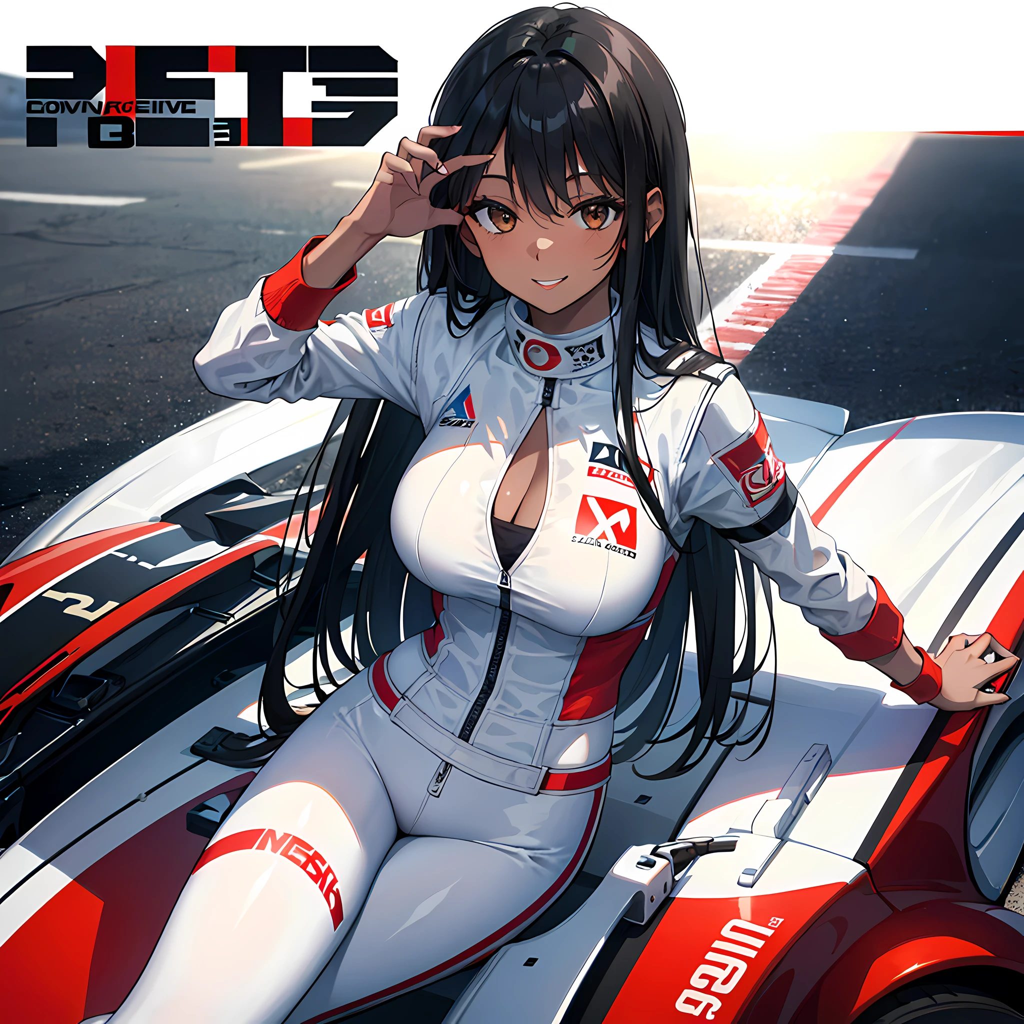 30 years old girl, long black hair, dark skin, wearing a white racing driver suit, cleavage, brown eyes, smiling, sexy pose, high res, ultrasharp, 8K, (magazine: 1.3), (style de couverture: 1.3), race paddock, background