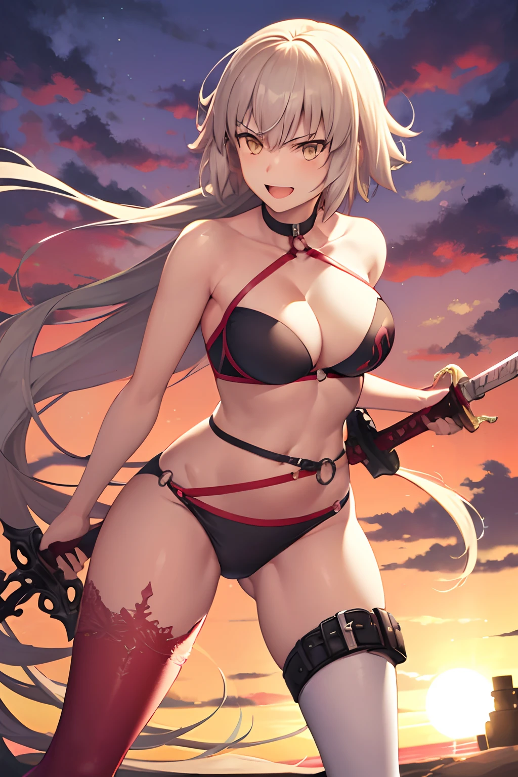 Masterpiece, best quality, detailed background, summer_jalter, yellow_eyes, long hair, mature, single thighhigh, white hair, thigh strap, bikini, 1girl, solo, sunglasses, holding weapon, holding sword, sword, serious, smile, action stance, action pose, sunset, closeup, open mouth