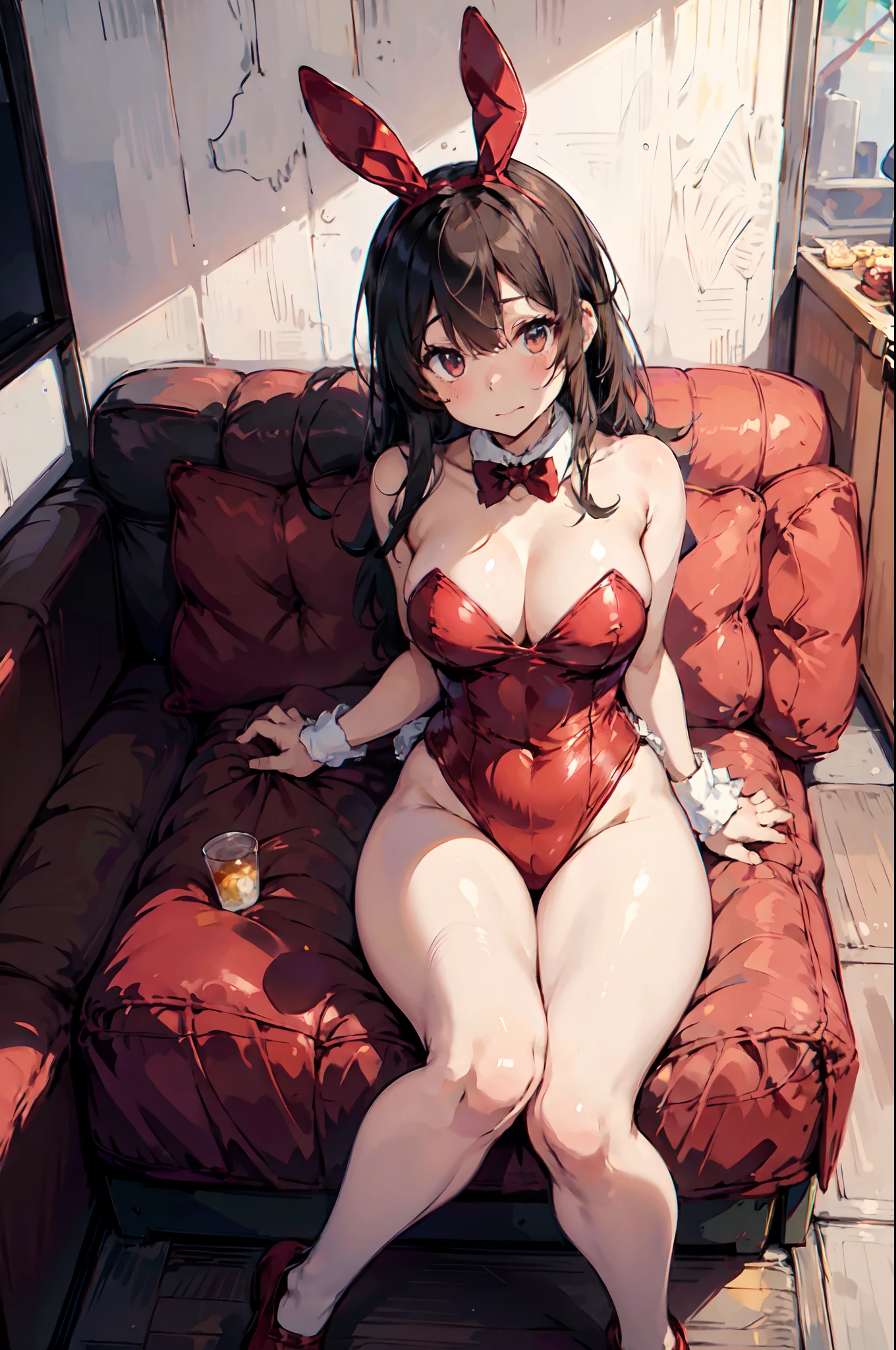 Strip Club Woman、Strip Club Light、(Wearing a bunny costume:1.3)、red outfit、
Good Hand、4K、hight resolution、​masterpiece、top-quality、headw:1.3、((Hasselblad photo))、Fine skin、Sharp Focus、(lighting like a movie)、Soft lighting、dynamic ungle、[:(详细的脸:1.2):0.2]、Colossal tits、(((Sit on the sofa with your legs open、Bend your knees and open your legs)))