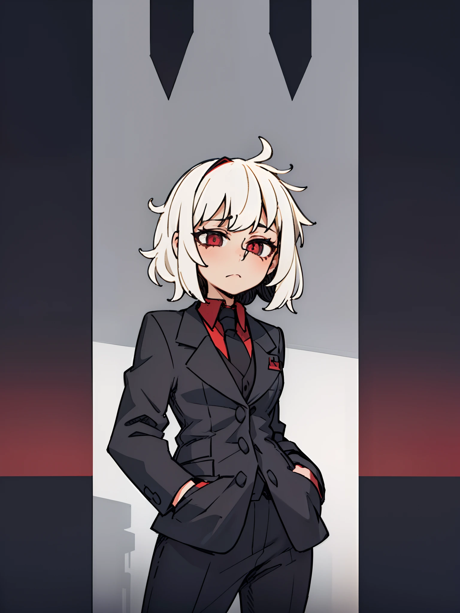 A girl frontal,((full bodyesbian,brunette color hair,short detailed hair,messy  hair，In black suit)),Tall figure, grim eyes，Put your hands in your pockets，Millennium babes，with a pure white background，minimalistic background，Solo，Half-body diagram