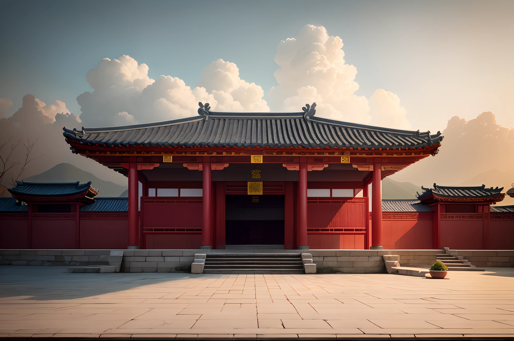 There is a red building，Red roof，There is a motorcycle parked in front, Tang Dynasty Palace, Taoist temples and monks, Ancient Chinese architecture, korean traditional palace, Chinese style buildings, Chinese architecture, chinese temple, Chinese palaces, jin shan, nanquan, Temple, buddhist temple, ji-min, full - view, traditional korean city