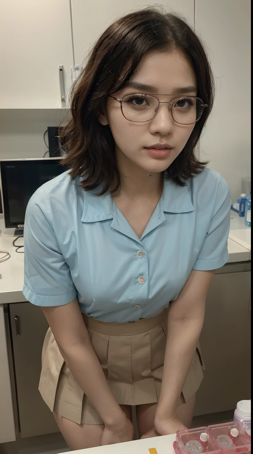 (Best Quality, 8k, 32k, Masterpiece, UHD:1.3), (kpop idol:1.3), 1 Girl, (short wavy hair), (wearing indonesian high school uniform), Ultra Detailed Face, Detailed Lips, Fine Eyes, double eyelids, (aroused:1.5)) , wearing laboratory clothes school, laboratory clothes school, wearing glasses, wearing school bag, on laboratory , perfect poses, wearing shoes, bag full of books, laboratory practice, doing laboratory practice