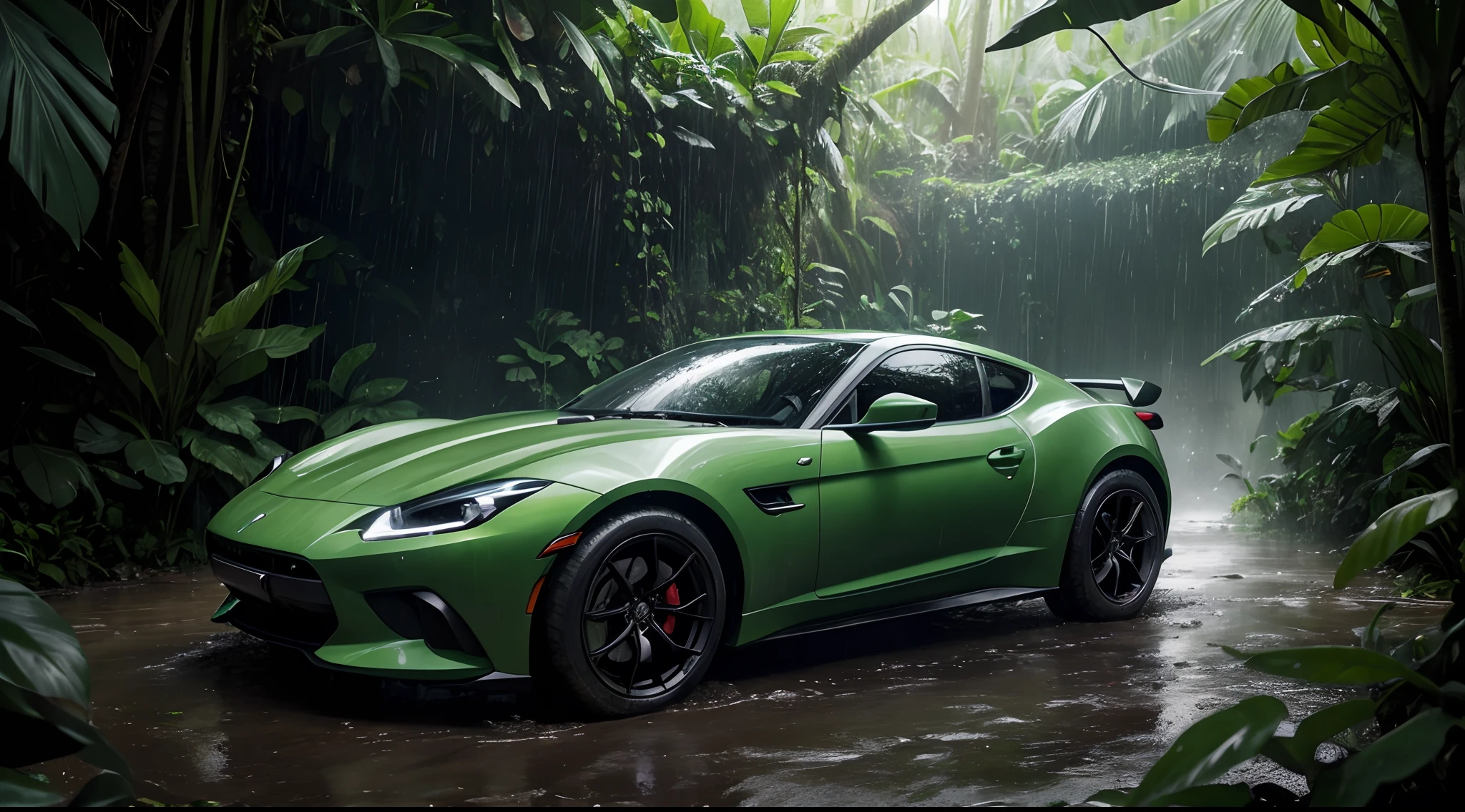 "Describe a green sports car in the heart of a jungle during a thunderstorm with lightning. The car's vibrant green color stands out amidst the lush and dense tropical vegetation, and the rain-soaked leaves glisten in the dim jungle light. As the storm rages, bolts of lightning illuminate the jungle canopy, casting an eerie, surreal glow. The driver of the sports car navigates through the winding, muddy jungle trails with skill and determination, the engine's roar competing with the thunder's rumble. The torrential rain pours down, creating a cacophony of drumming on the car's roof and hood. The car's headlights pierce through the downpour, revealing the mysterious and exotic flora of the jungle. With each flash of lightning, the surroundings are briefly unveiled in all their natural splendor, before plunging back into darkness. This green sports car, an anomaly in the wild, asserts its presence and performance even in the midst of a thrilling and challenging jungle storm."