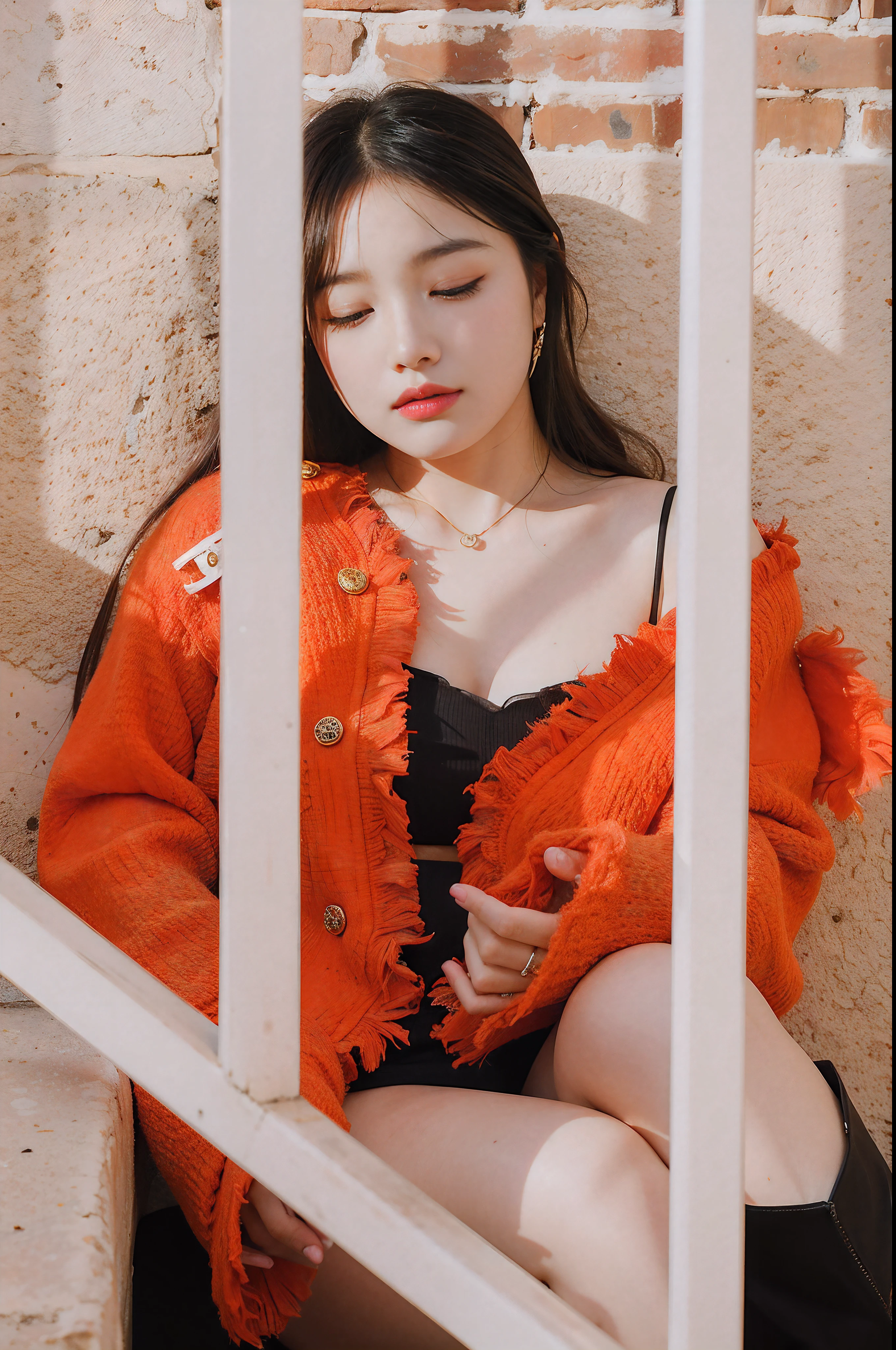 The long-haired woman leaned against the railing,With his eyes closed, bae suzy, On a sunny day, krystal, portrait jisoo blackpink, hot with shining sun, girl wears a red dress, shot at golden hour, Wearing a red cheongsam, Portrait shooting, photoshoot, Album art, ulzzangs, jisoo of blackpink, red velvet, jisoo from blackpink