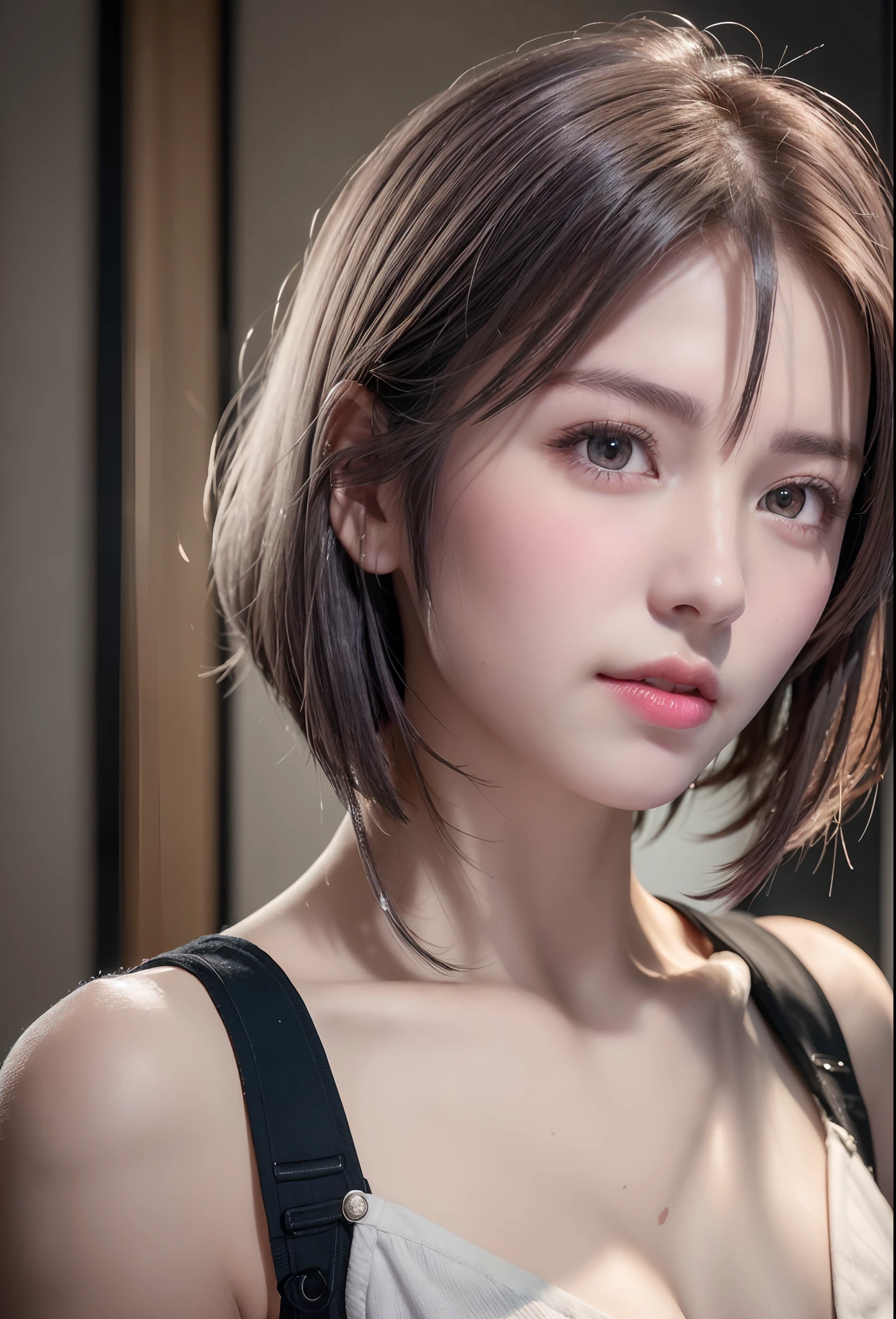 (8K, Photorealistic, Raw photo, of the highest quality: 1.3), (1girl in), Super beautiful, (Realistic face), (boyish, Silver Color Berry Shorthair), Beautiful , Glare that captivates the viewer, Beautiful expression, Beautiful breasts, (Realistic skin), Beautiful...