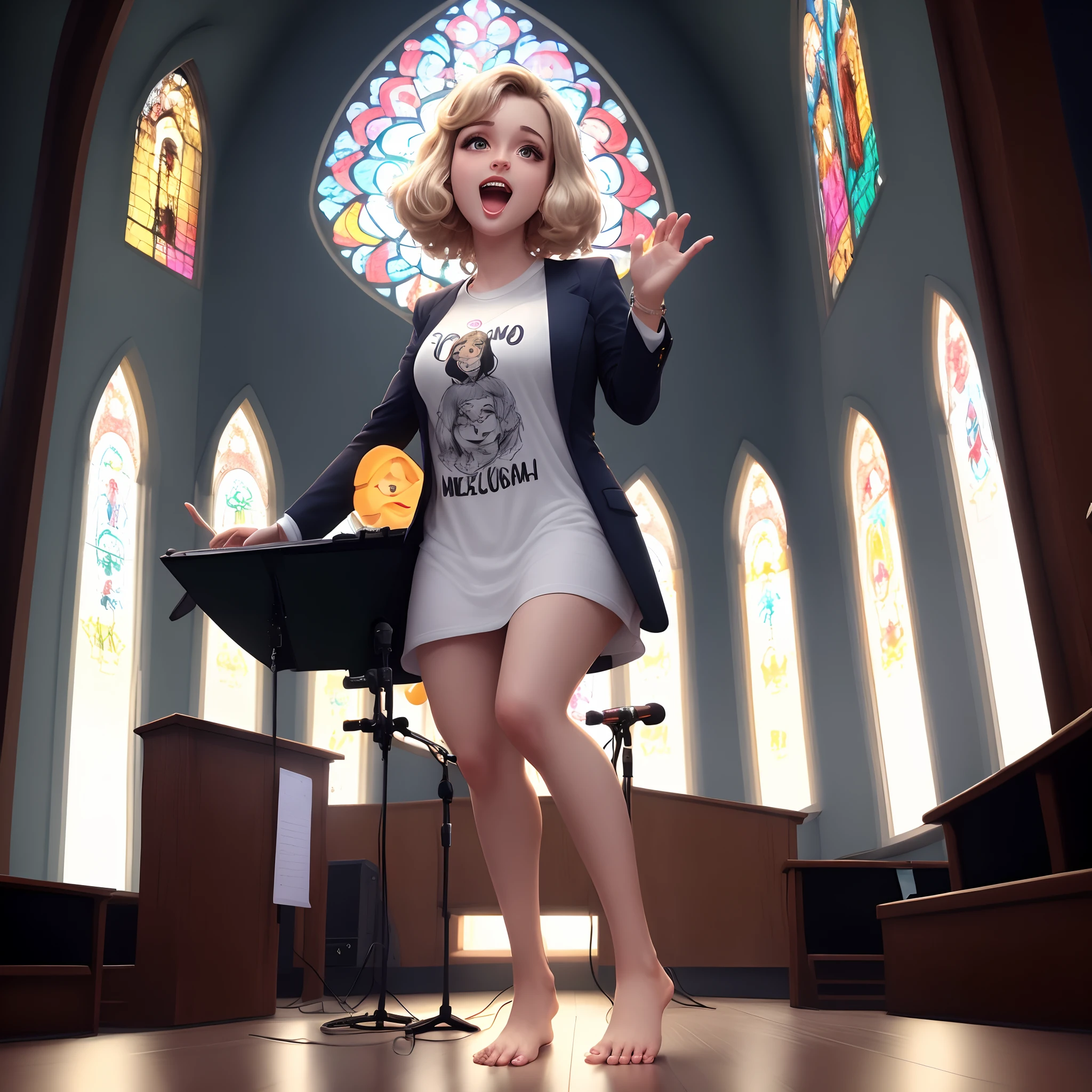 Mulher cantando em palco iluminado, de blusa preta, blazer branco, barefoot, cabelo cor de mel no ombro, um homem de barba tocando teclado em segundo plano dentro de uma igreja lotada, estilo Pixar