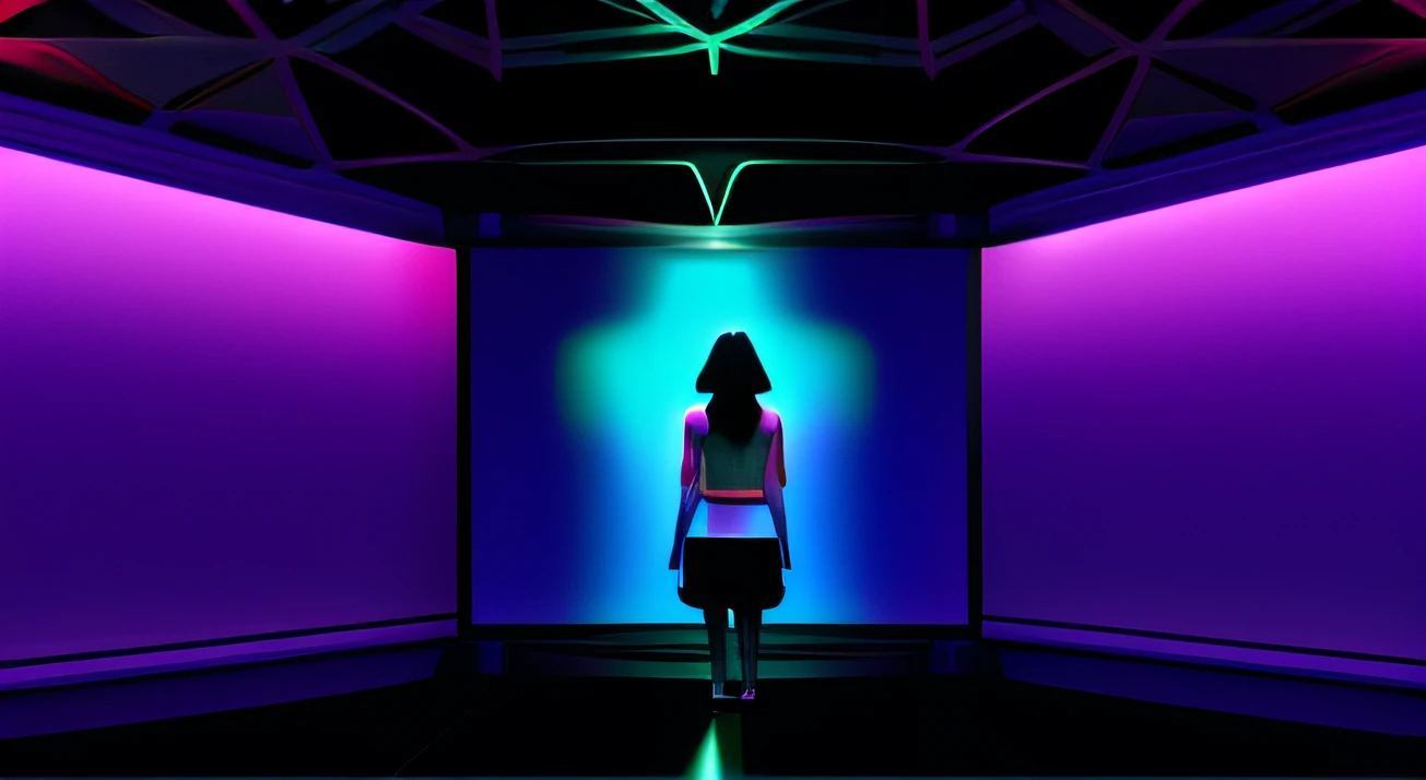 Purple and blue light in a room with a man standing in front of a wall, in a dark futuristic room, Sala de metaverso virtual, De pie dentro de un laboratorio futurista, Dramatic lighting science fiction, en una nave espacial futurista, Estilo de Suspiria y Neon Demon, standing in a dimly lit room, Cinematic Color Lighting, Cinematic Lighting Color Scheme, Dramatic lighting and colors with a predominance of reds