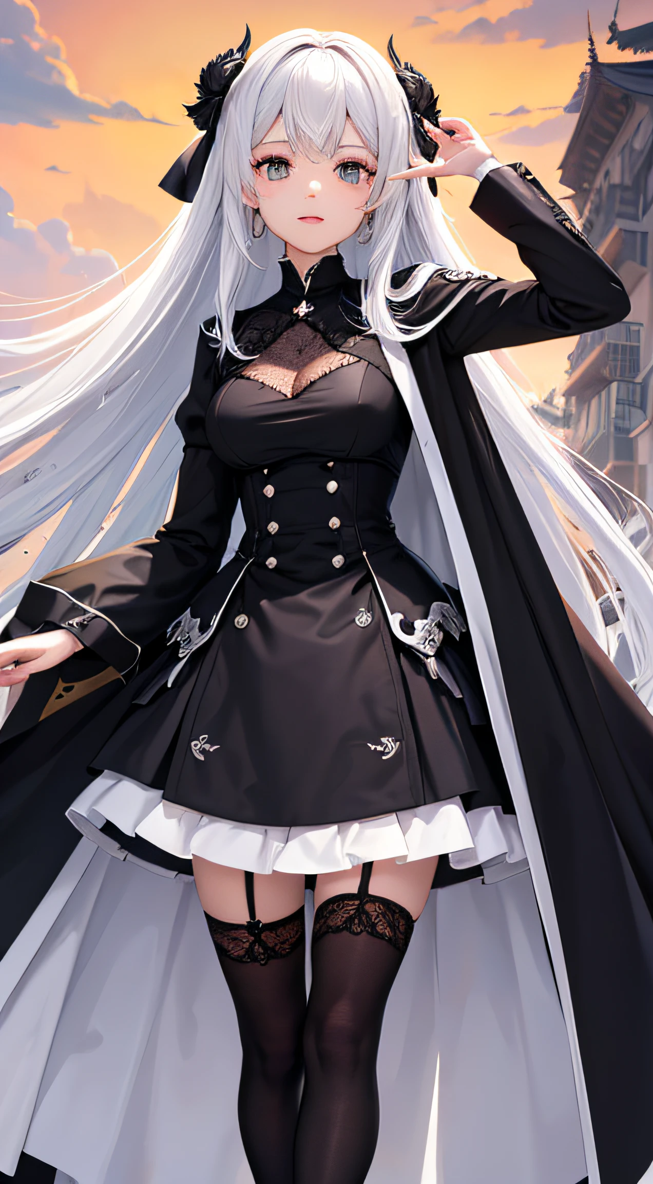 Meisterwerk, best quality, Ultra-detailliert, Illustration,, hanekawakurzhaar, 1girls, full entire body, , Schwarze Augen, mehrfarbiges Haar, schwarzes Haar, White hair,, Badeanzug,, Detaillierter Hintergrund, mksts-Stil, Strand, Sonnenuntergang,