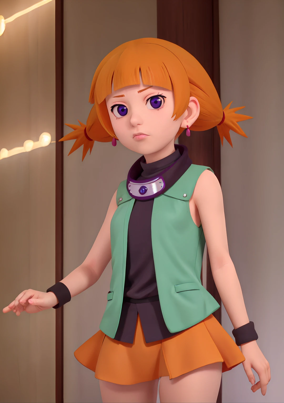 moegi, 1girl, solo, looking at viewer, bangs, twintails, jewelry, purple eyes, earrings, sleeveless, blunt bangs, orange hair, vest, parody, short twintails, wristband, anime coloring, female focus