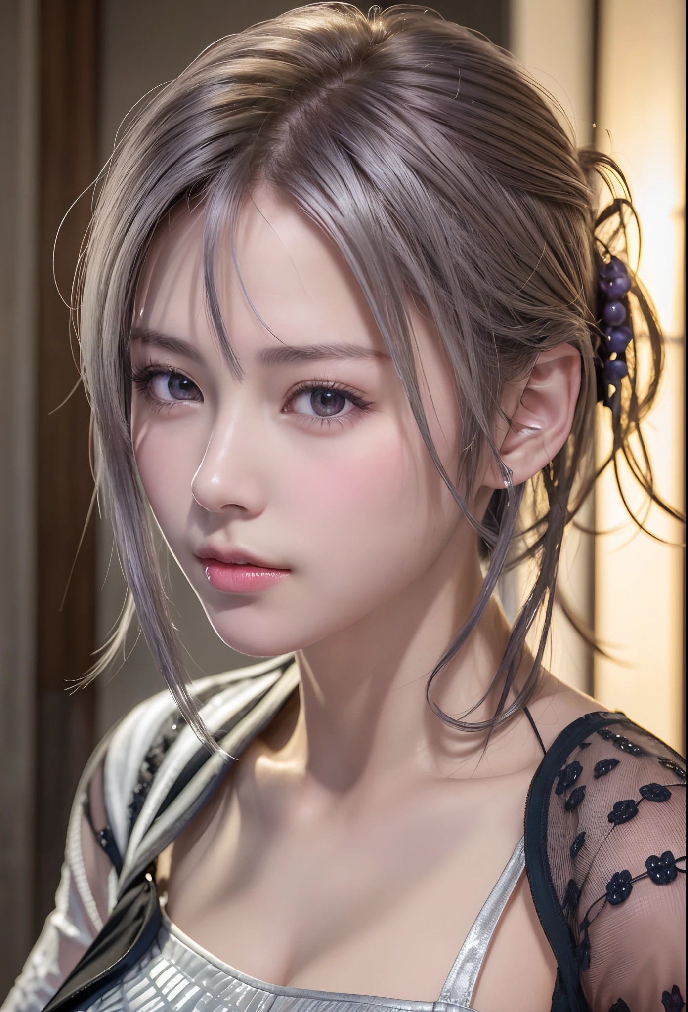 (8K, Photorealistic, Raw photo, of the highest quality: 1.3), (1girl in), Super beautiful, (Realistic face), (boyish, Silver Color Berry Shorthair), Beautiful , Glare that captivates the viewer, Beautiful expression, Beautiful breasts, (Realistic skin), Beautiful...