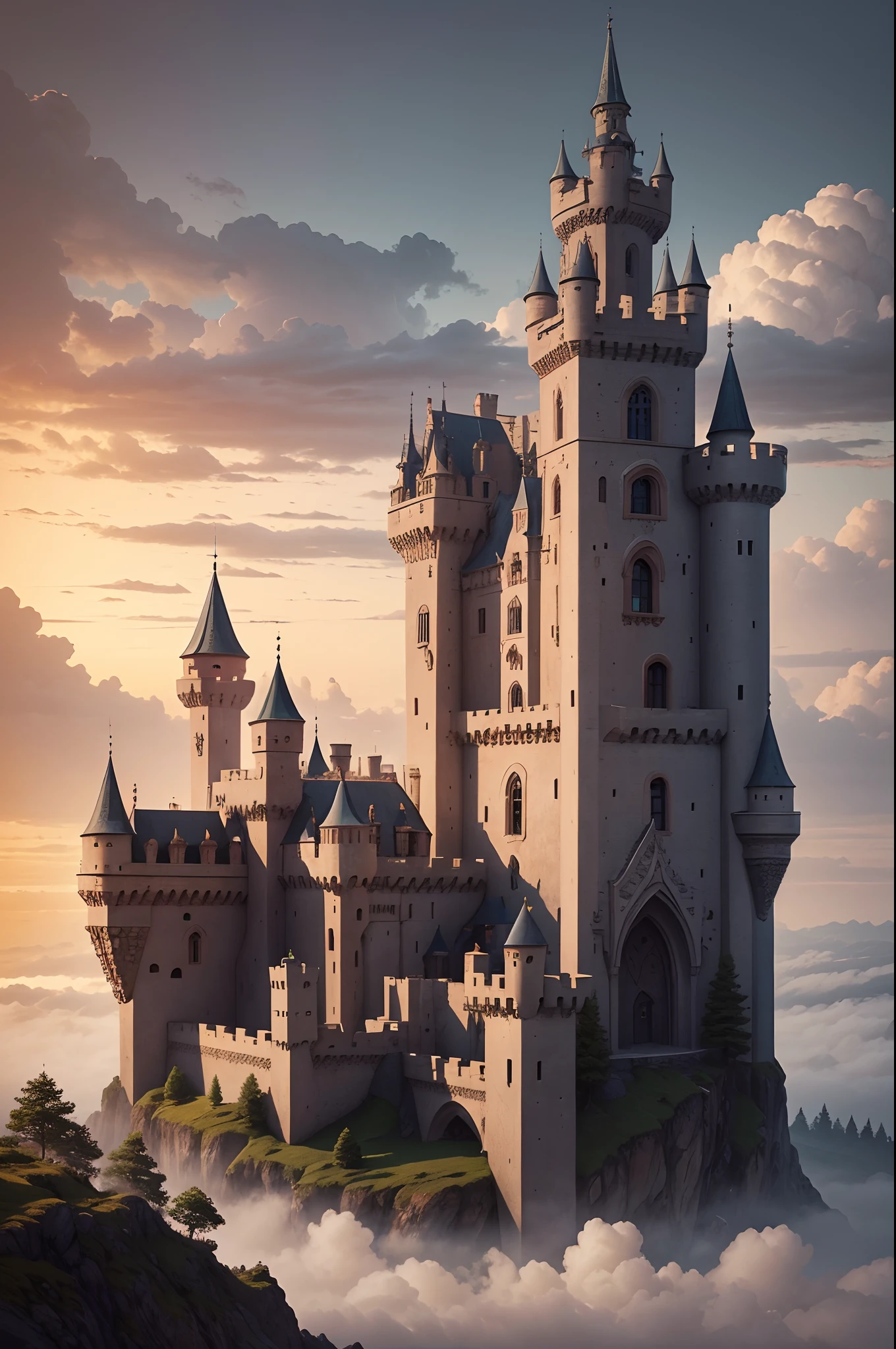 Isometric view of a fairytale castle, It's on a hill surrounded by clouds. Dezesseis magrinhos, Round towers are a defensive and decorative aspect of this elegant castle. The walls are made of light bluish-gray stone, telhados pretos. Many dimly lit windows are scattered across the walls in an asymmetrical pattern, along with dangling crenellations for archers. The castle is surrounded by a garden barely seen through the fog. Clouds in beautiful pastel colors of the sunset. Illuminated by the natural light of the sunset. Conceito surrealista, Ray traicing realista.