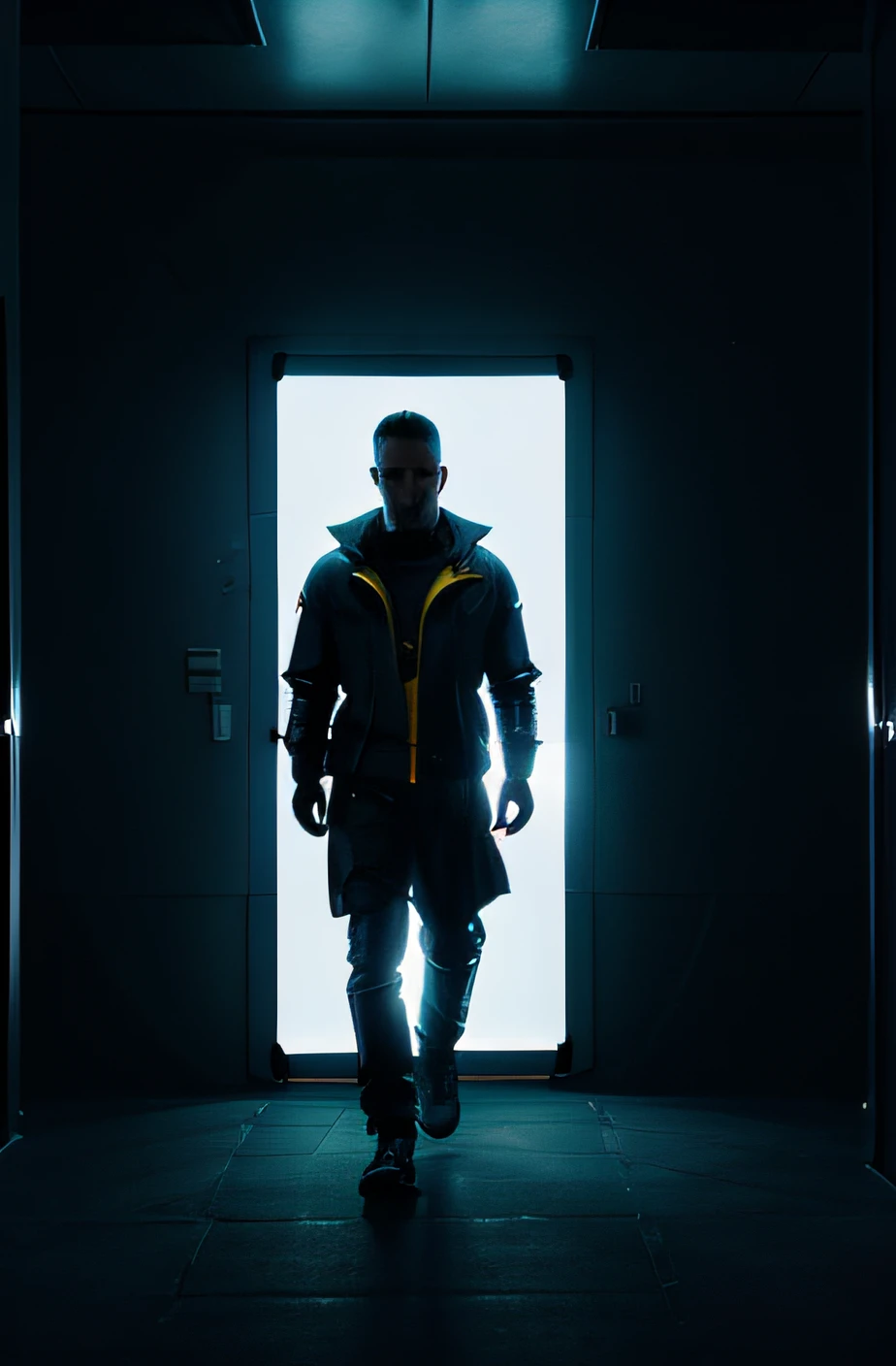 dark yellow and blue light in a room with a man standing in front of a wall, in a dark futuristic room, Sala de metaverso virtual, De pie dentro de un laboratorio futurista, Dramatic lighting science fiction, en una nave espacial futurista, Estilo de Suspiria y Neon Demon, standing in a dimly lit room, Cinematic Color Lighting, Cinematic Lighting Color Scheme, Dramatic lighting and colors with a predominance of reds