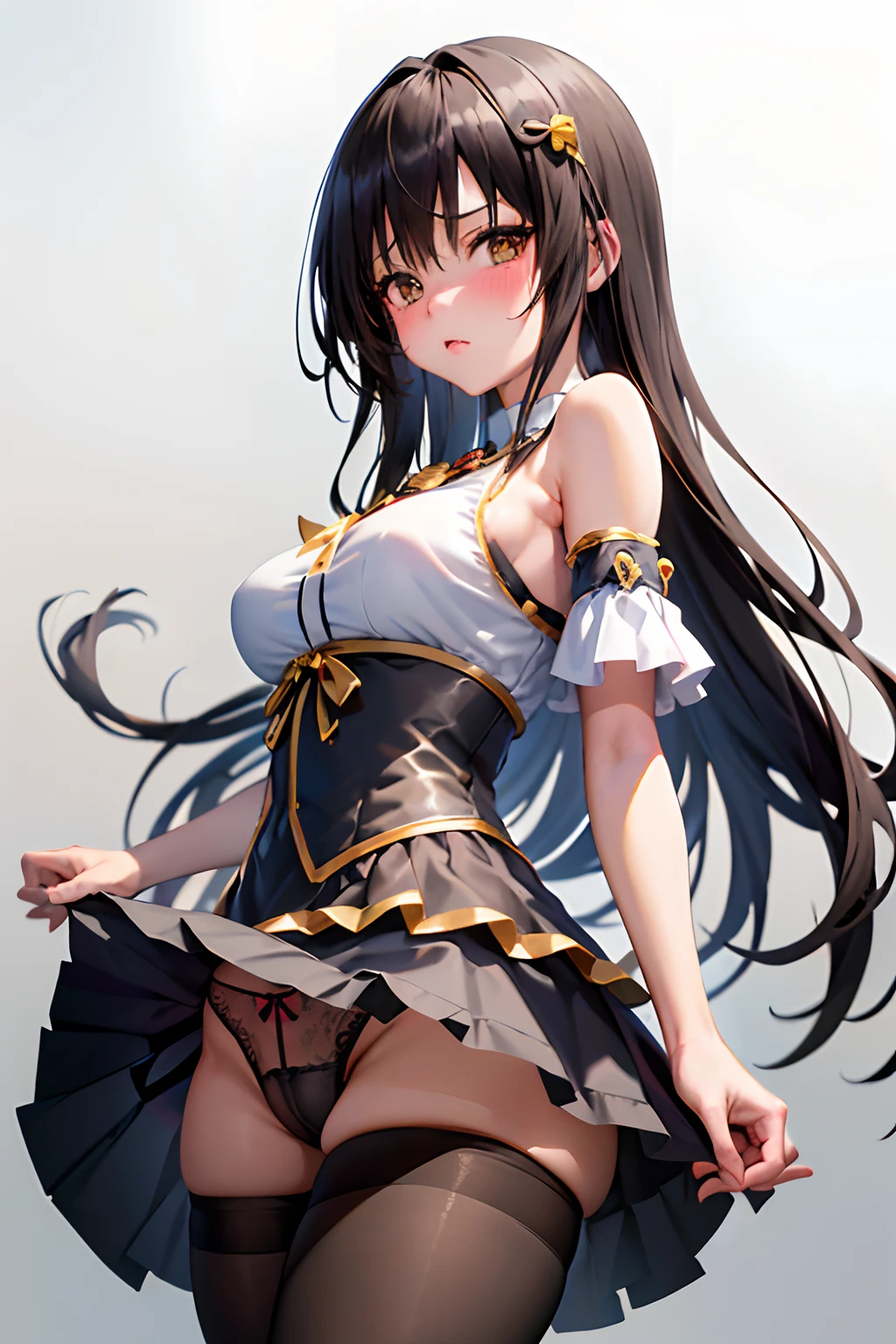 Best Quality, masutepiece, Portrait, , 1girl in, Kotegawa Yui, Black hair, Long hair, Long bangs, Brown eyes, medium udder, ((chies)), Looking at Viewer, embarassed expression,Photo from below、((Magical Warrior Costume))、((pantyhose))、((Show panties))、((a miniskirt))