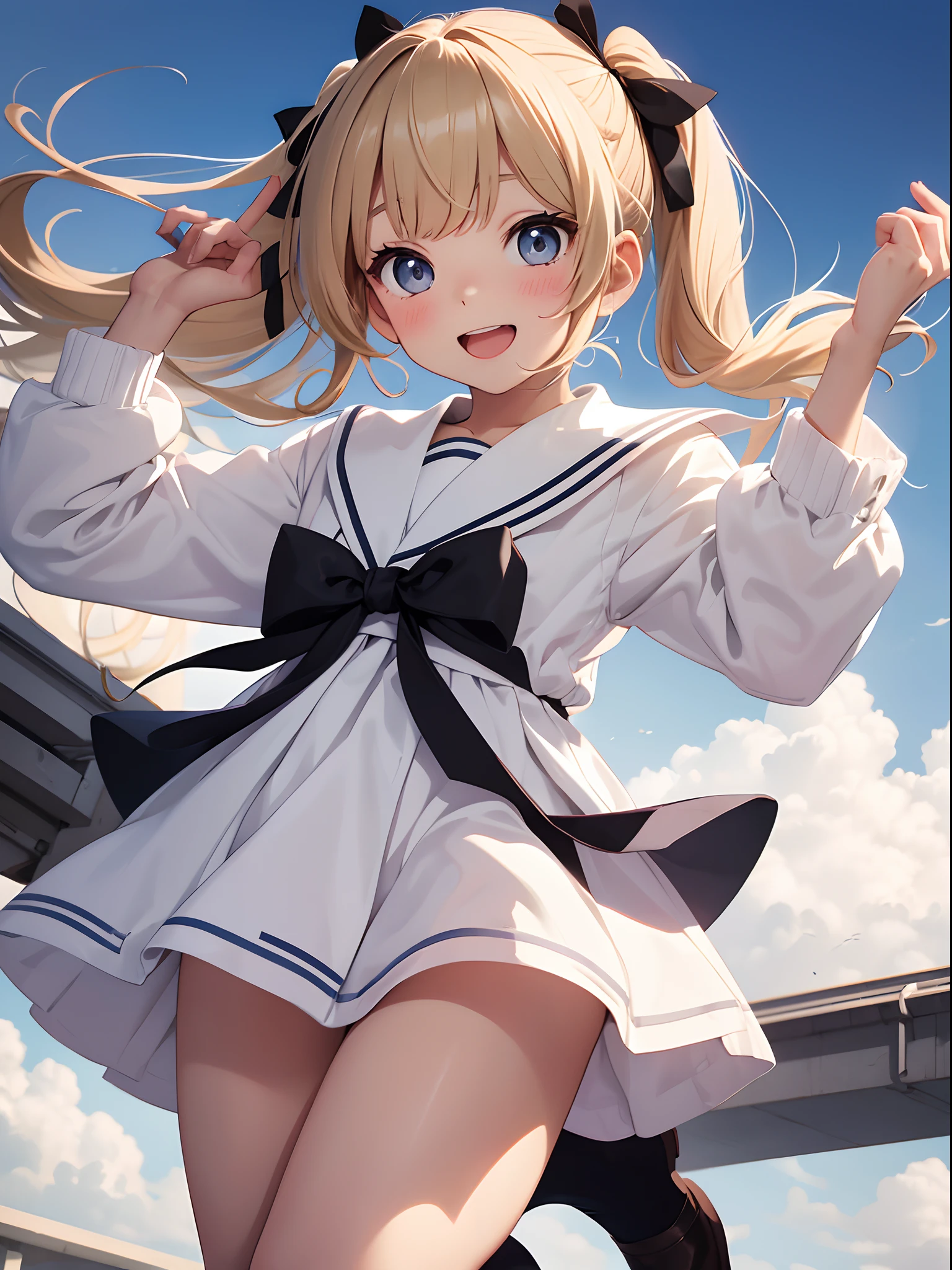 Jumping through the sky while laughing、 in white long-sleeved sailor suit、Twin tails with dark blonde hair、a black ribbon、Single big eyes、